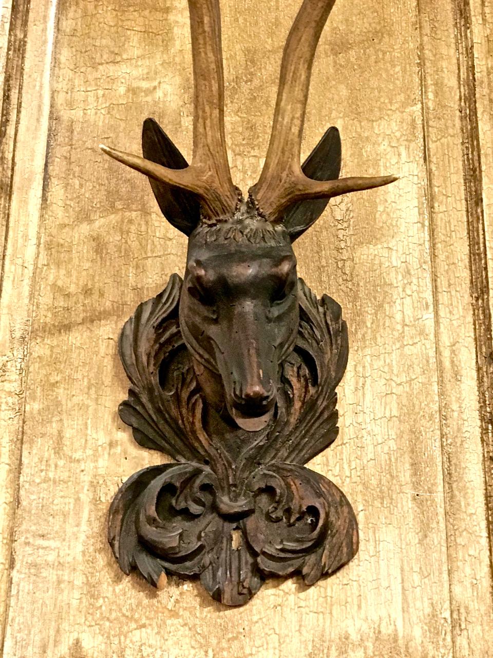 Early 20th century carved black forest Buck head mounted with antlers.