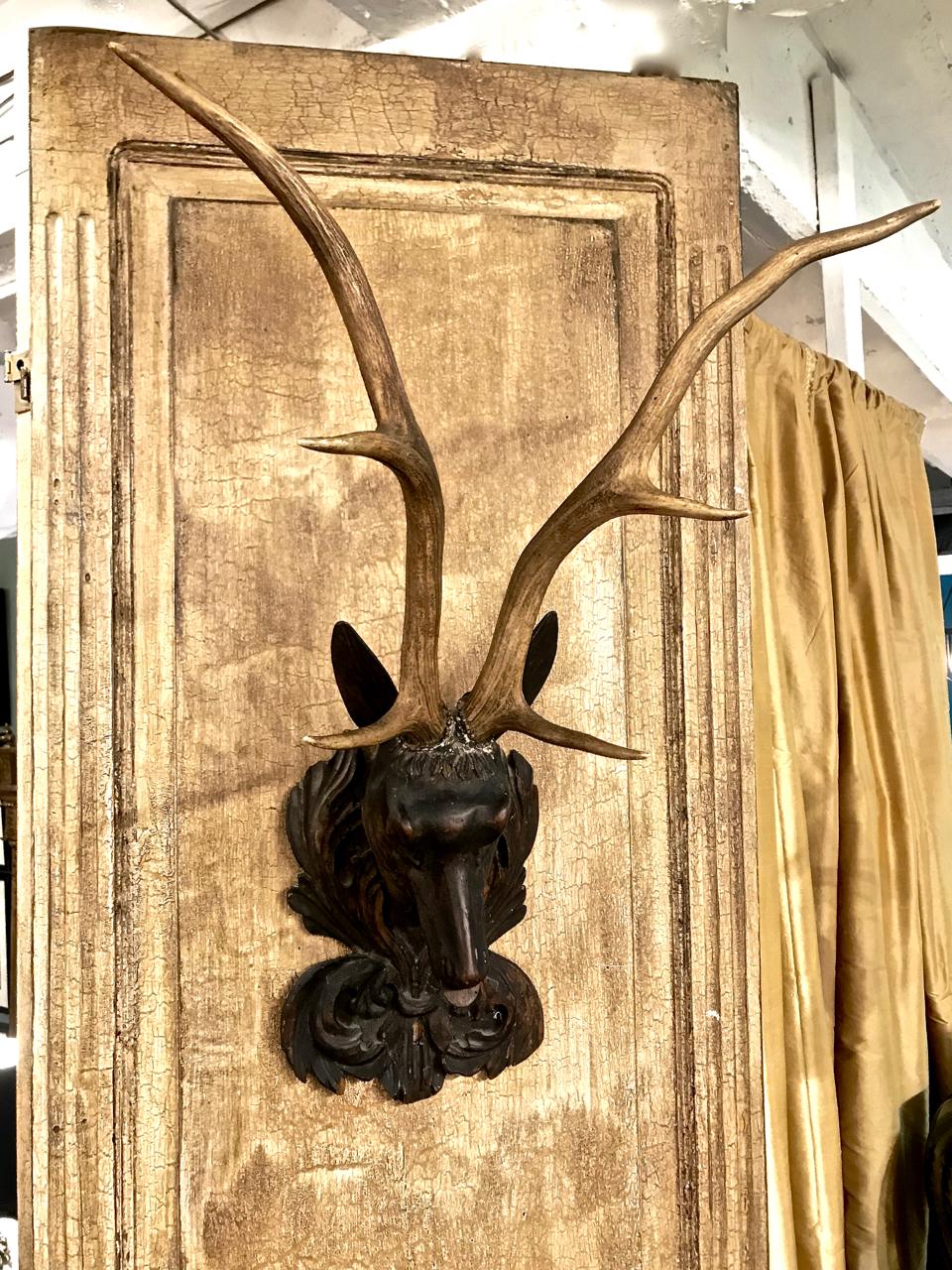 Hand-Carved Black Forest Carved Stag Antler Mount