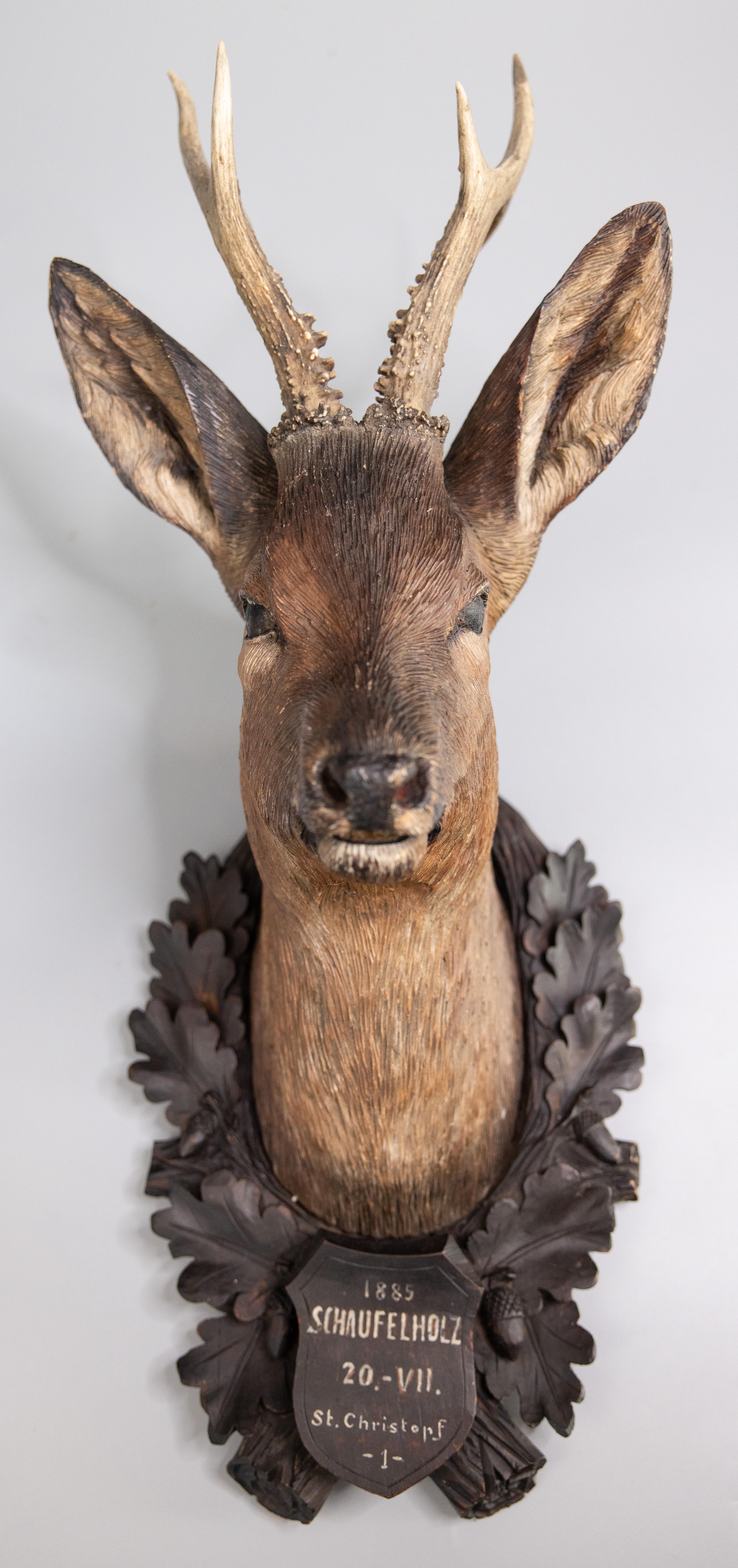 Austrian Black Forest Carved Stag Deer Head With Real Antlers Trophy Mount Plaque 1885