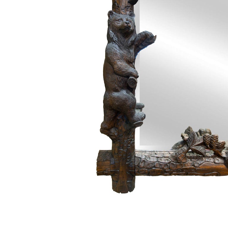Black Forest Carved Swiss Entry Mirror with Climbing Bears For Sale at