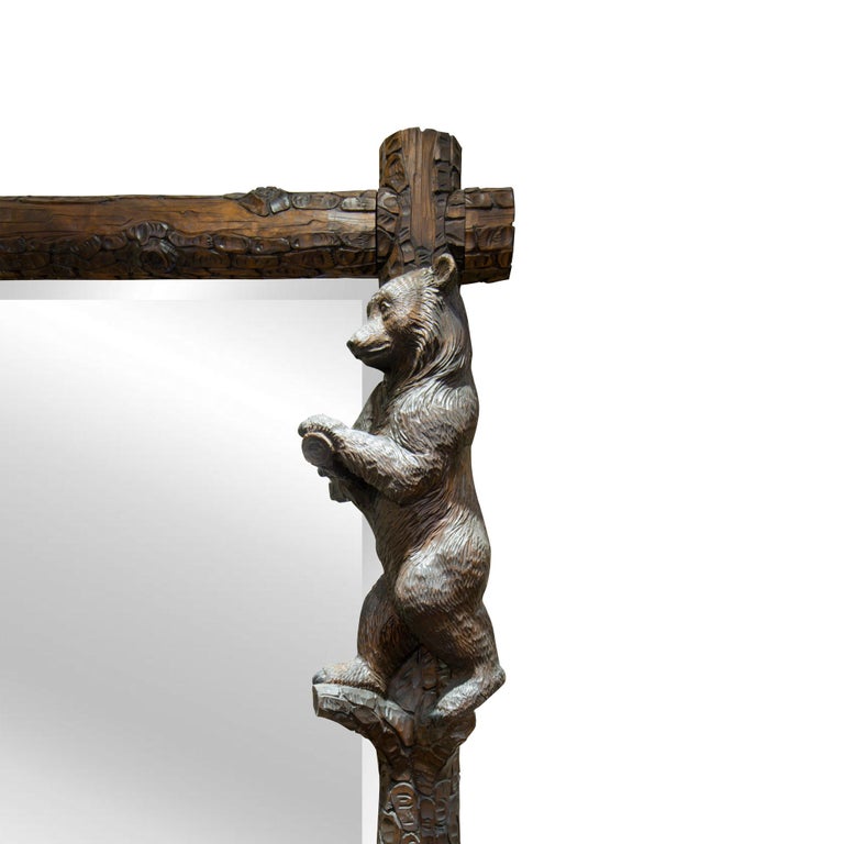 Black Forest Carved Swiss Entry Mirror with Climbing Bears For Sale at