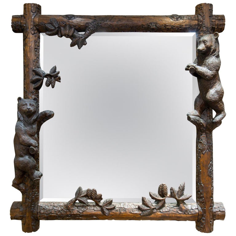 Black Forest Carved Swiss Entry Mirror with Climbing Bears For Sale at