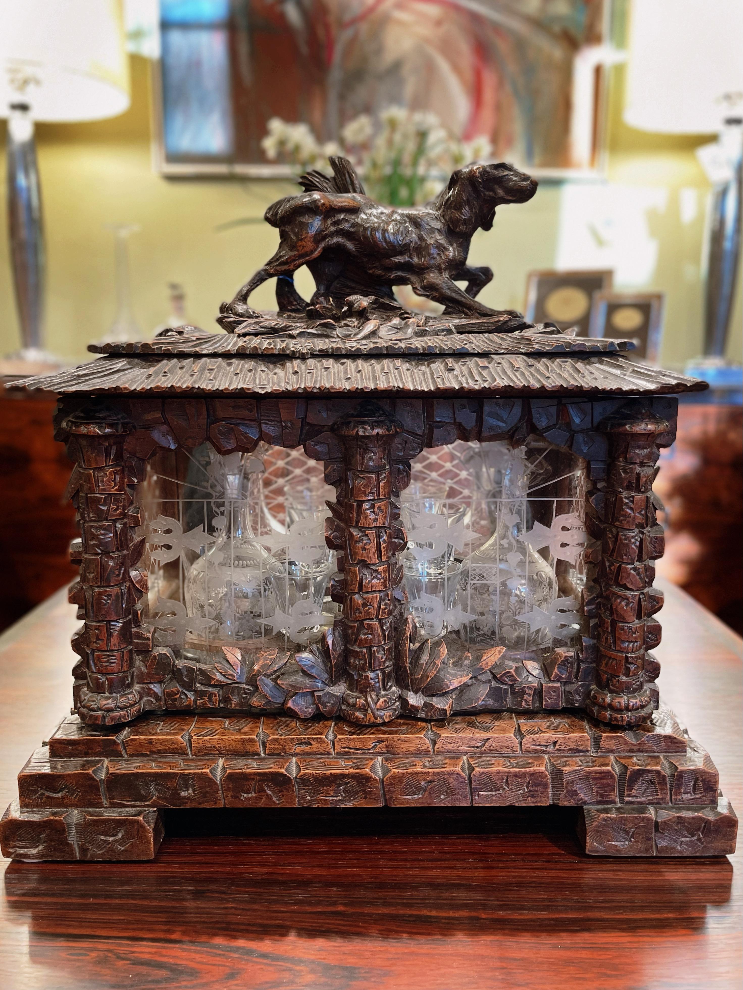 Black Forest Carved Tantalus Set with Sporting Dog, Solid Walnut, Swiss, c. 1885 12