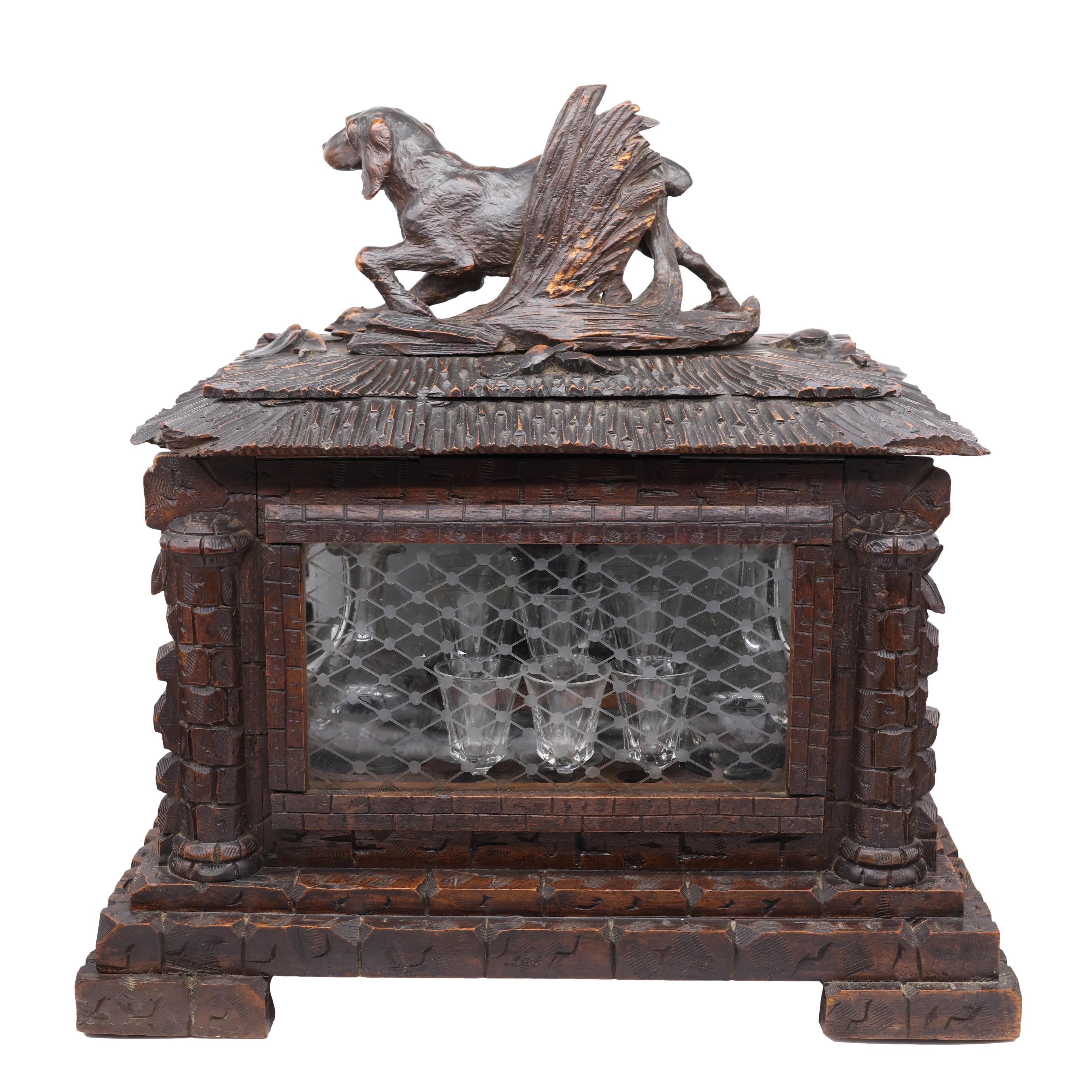Black Forest Carved Tantalus Set with Sporting Dog, Solid Walnut, Swiss, c. 1885 In Good Condition In Banner Elk, NC