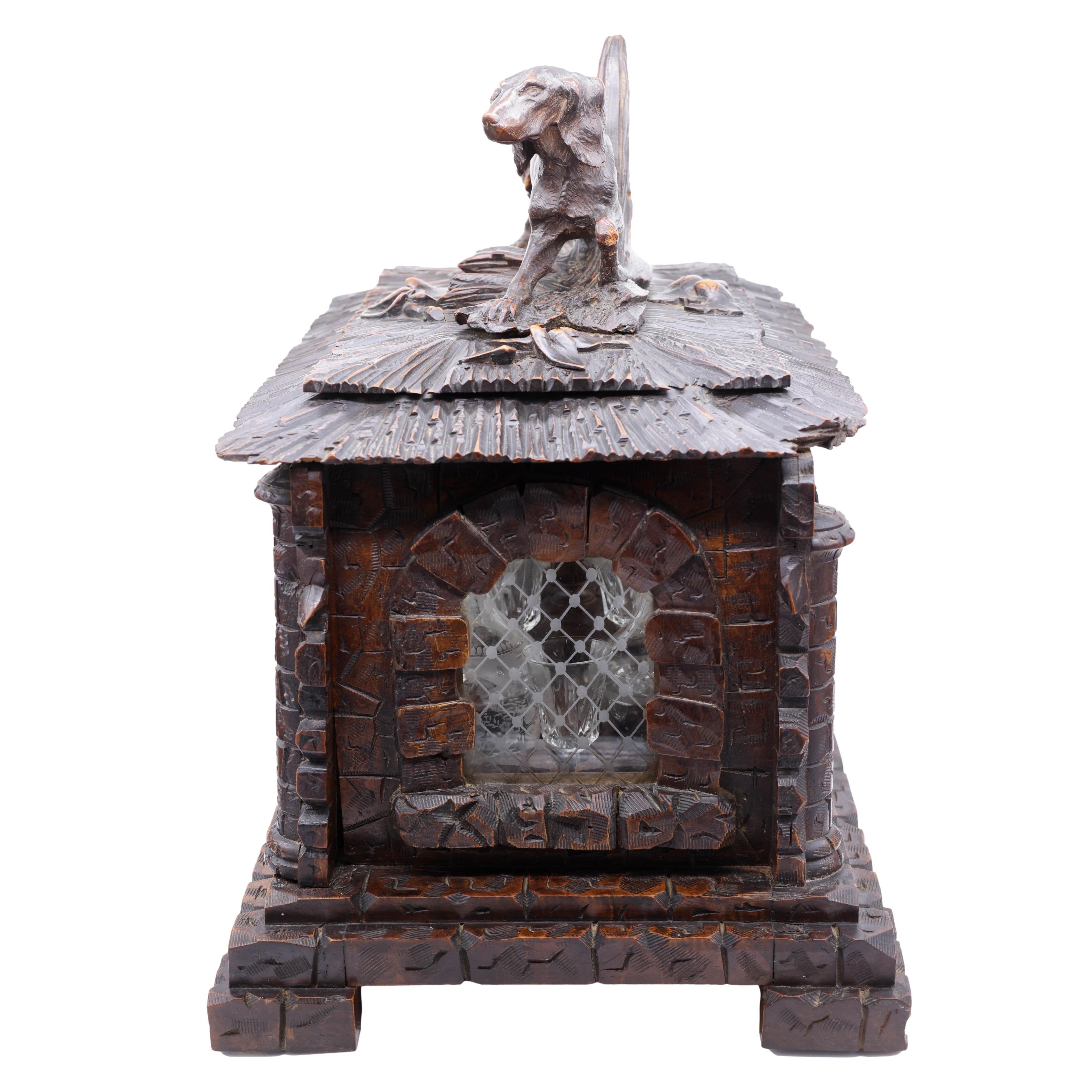 19th Century Black Forest Carved Tantalus Set with Sporting Dog, Solid Walnut, Swiss, c. 1885