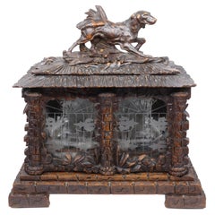 Antique Black Forest Carved Tantalus Set with Sporting Dog, Solid Walnut, Swiss, c. 1885