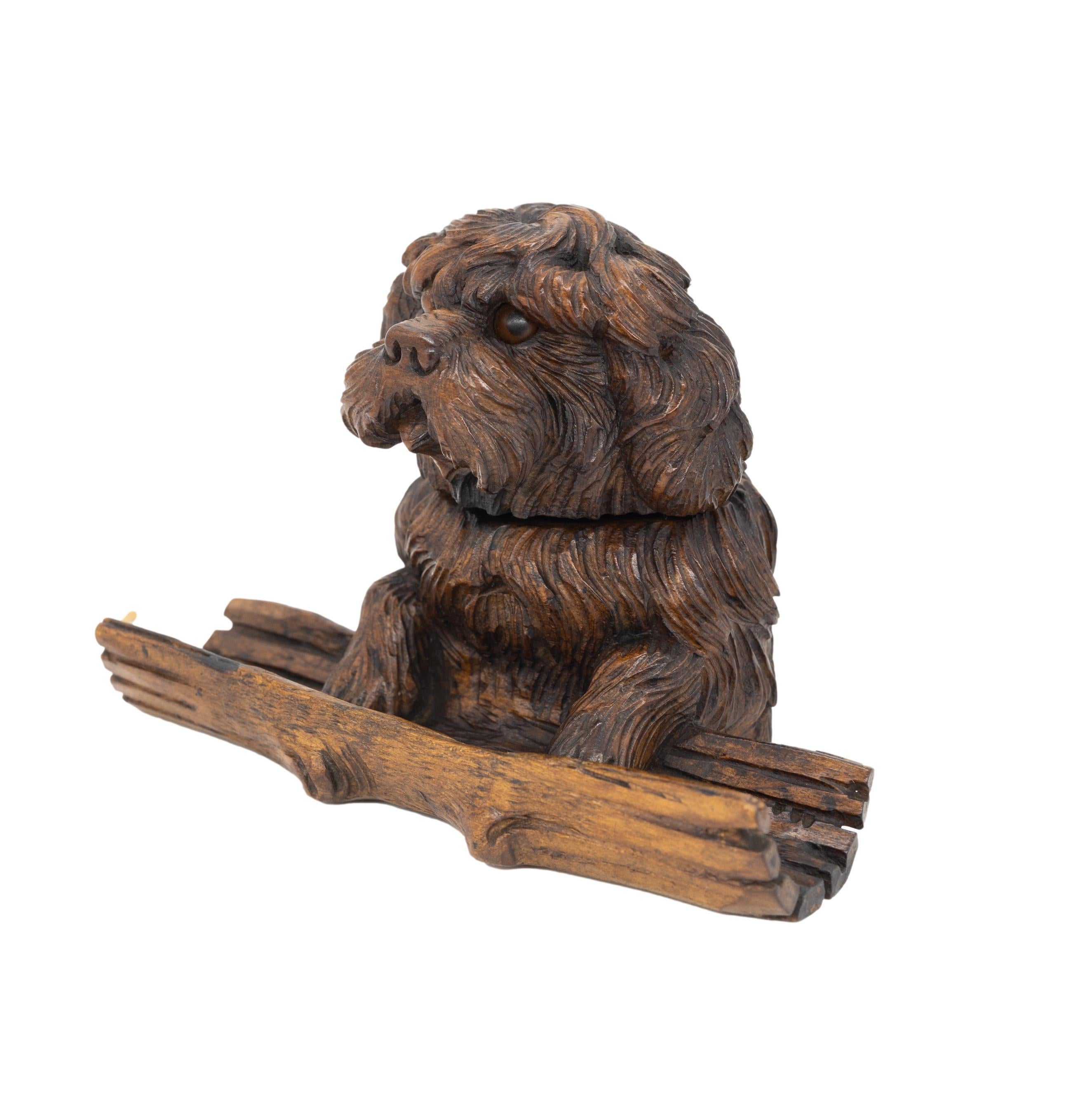 Black Forest Carved Terrier Inkwell, Hinged Lid, with Pen Tray, Swiss, ca. 1880 For Sale 4