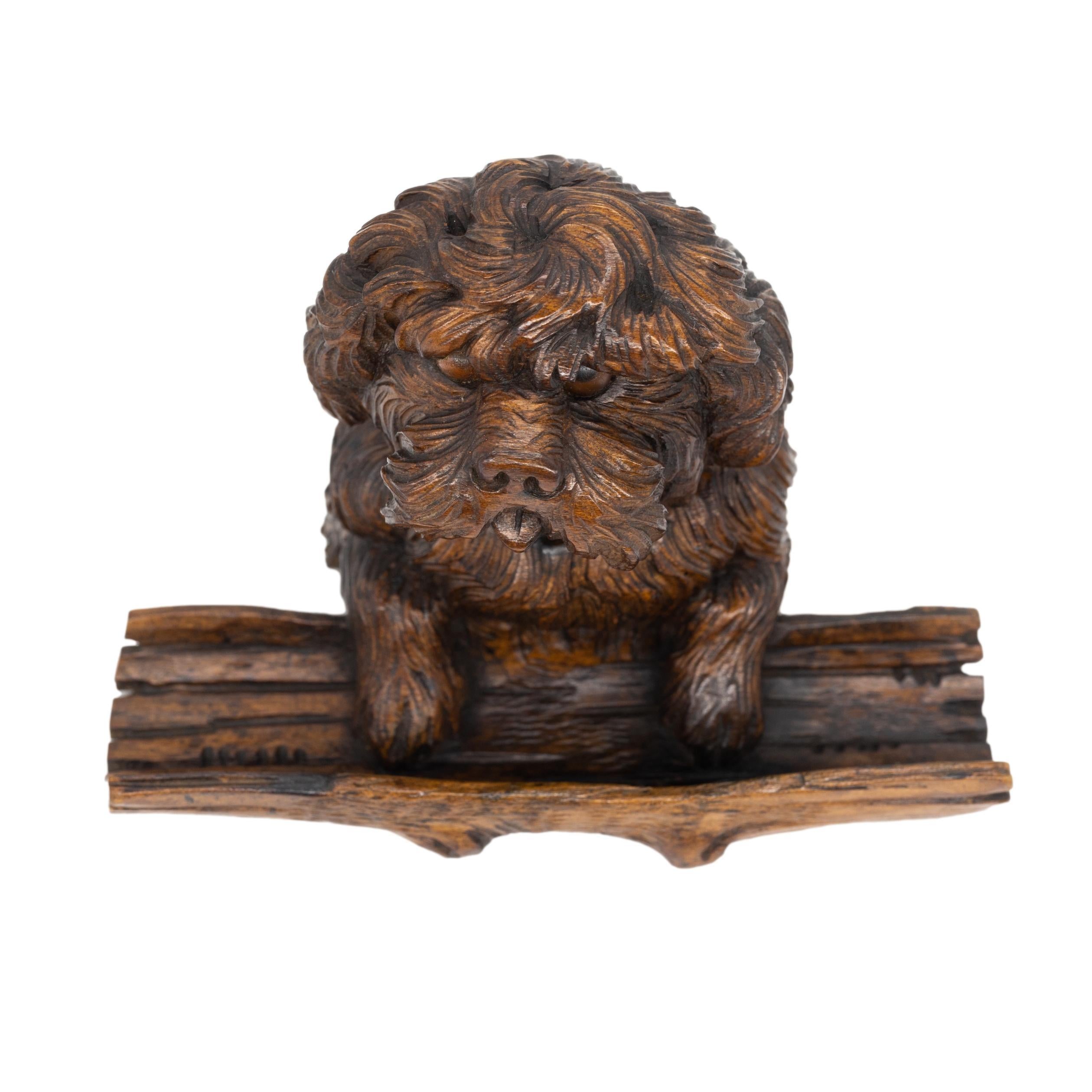 Hand-Carved Black Forest Carved Terrier Inkwell, Hinged Lid, with Pen Tray, Swiss, ca. 1880 For Sale