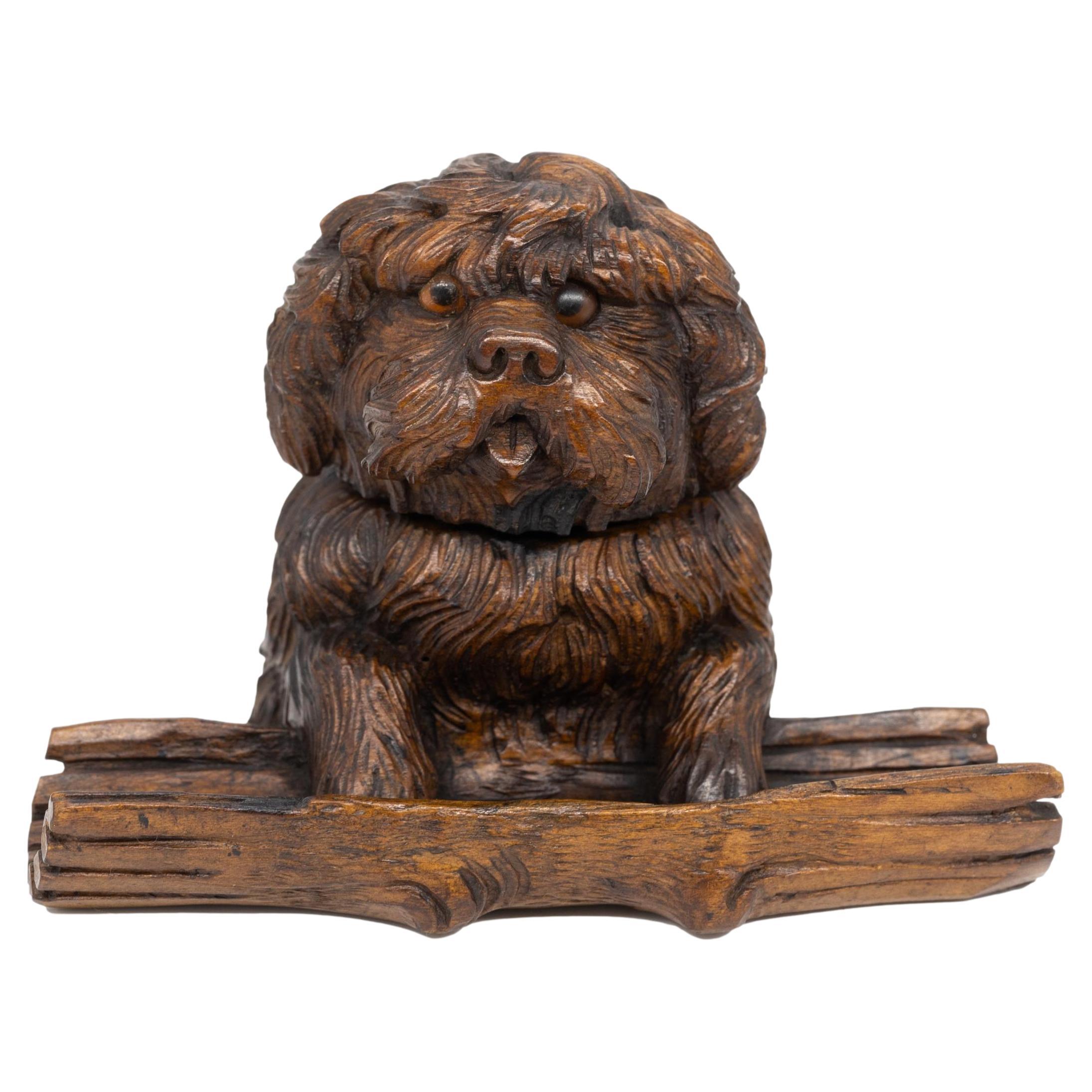 Black Forest Carved Terrier Inkwell, Hinged Lid, with Pen Tray, Swiss, ca. 1880 For Sale