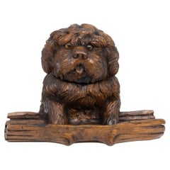 Antique Black Forest Carved Terrier Inkwell, Hinged Lid, with Pen Tray, Swiss, ca. 1880