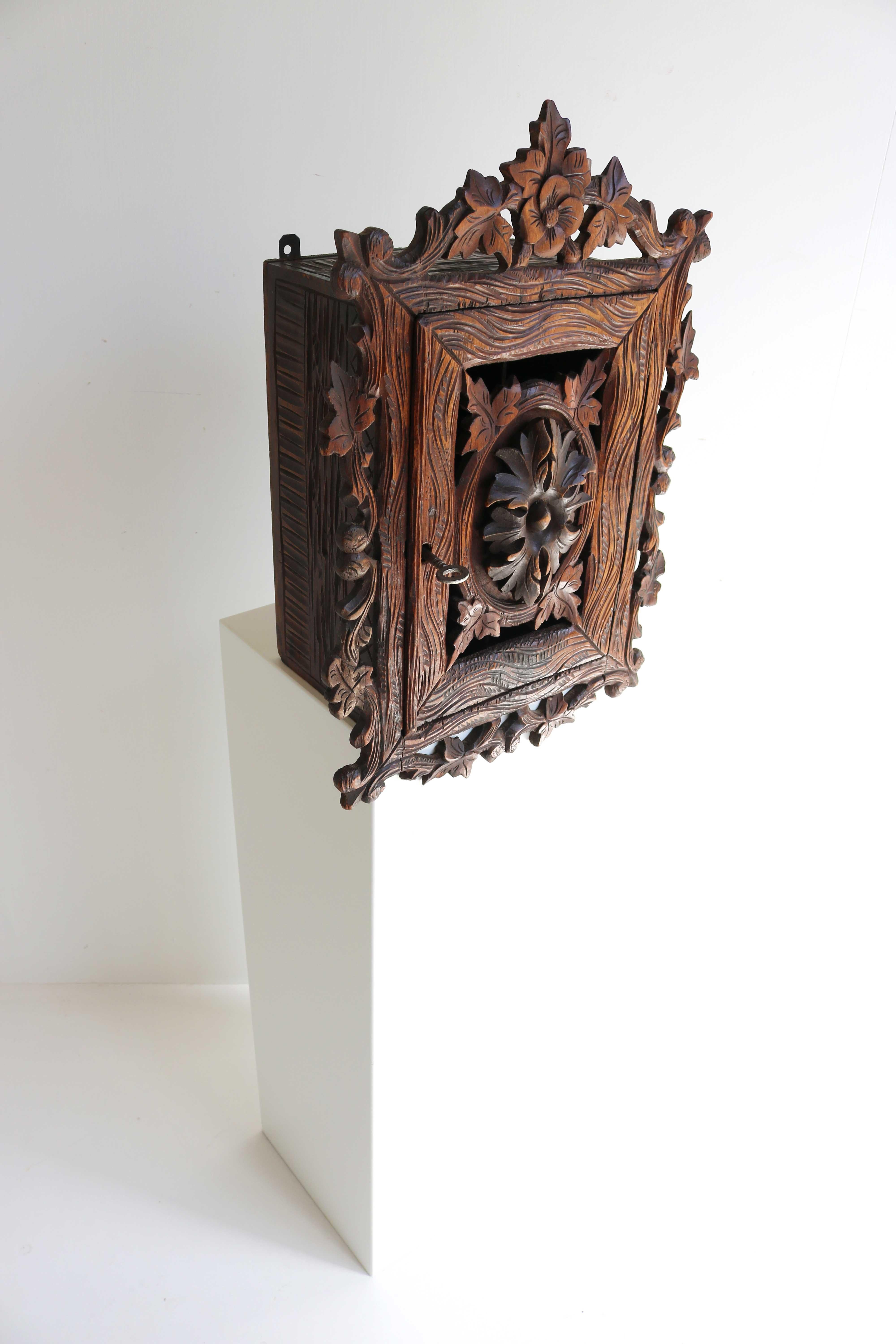 Black Forest Carved Wall Cabinet, Apothecary, Antique Swiss, 19th Century 6