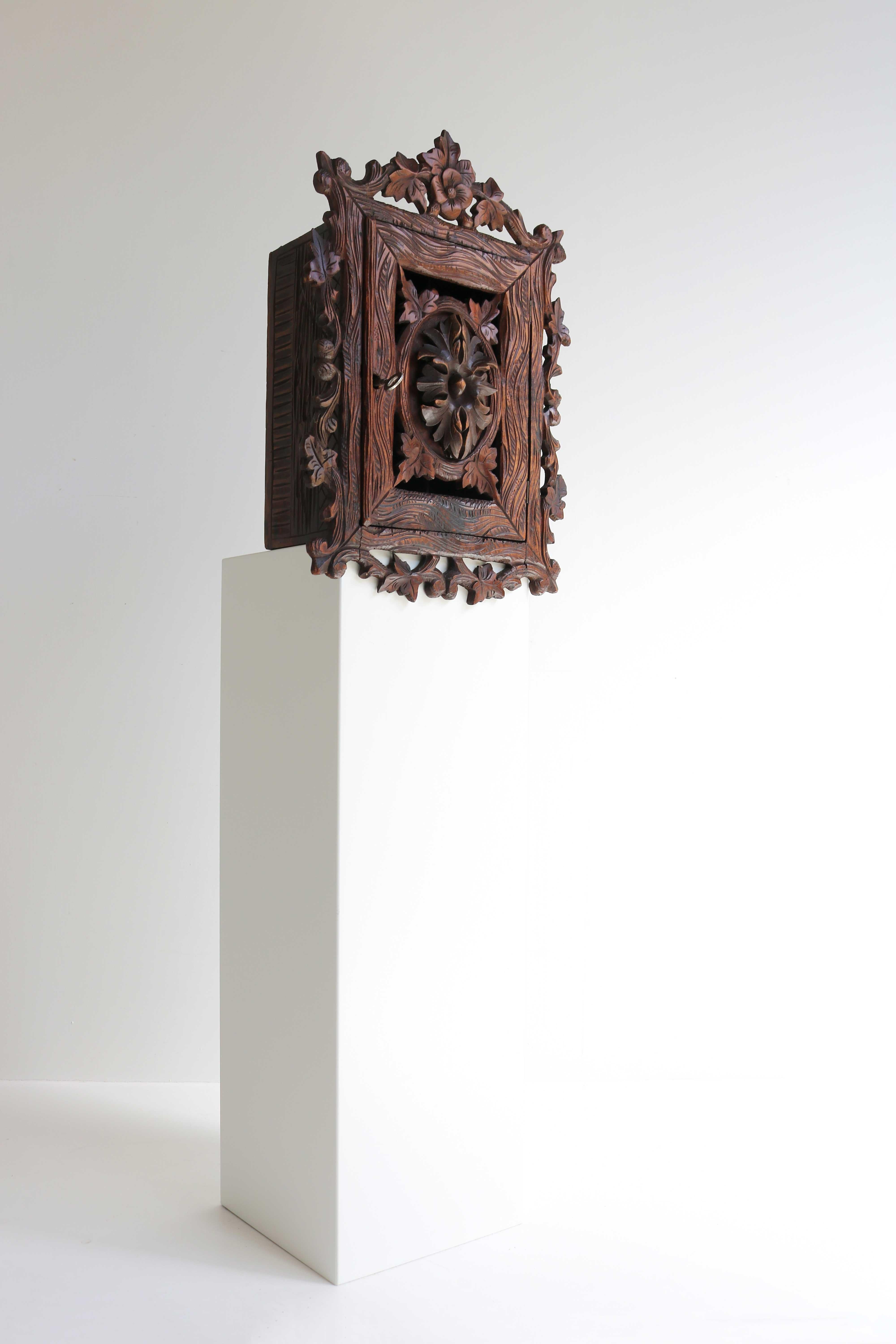 Hand-Carved Black Forest Carved Wall Cabinet, Apothecary, Antique Swiss, 19th Century