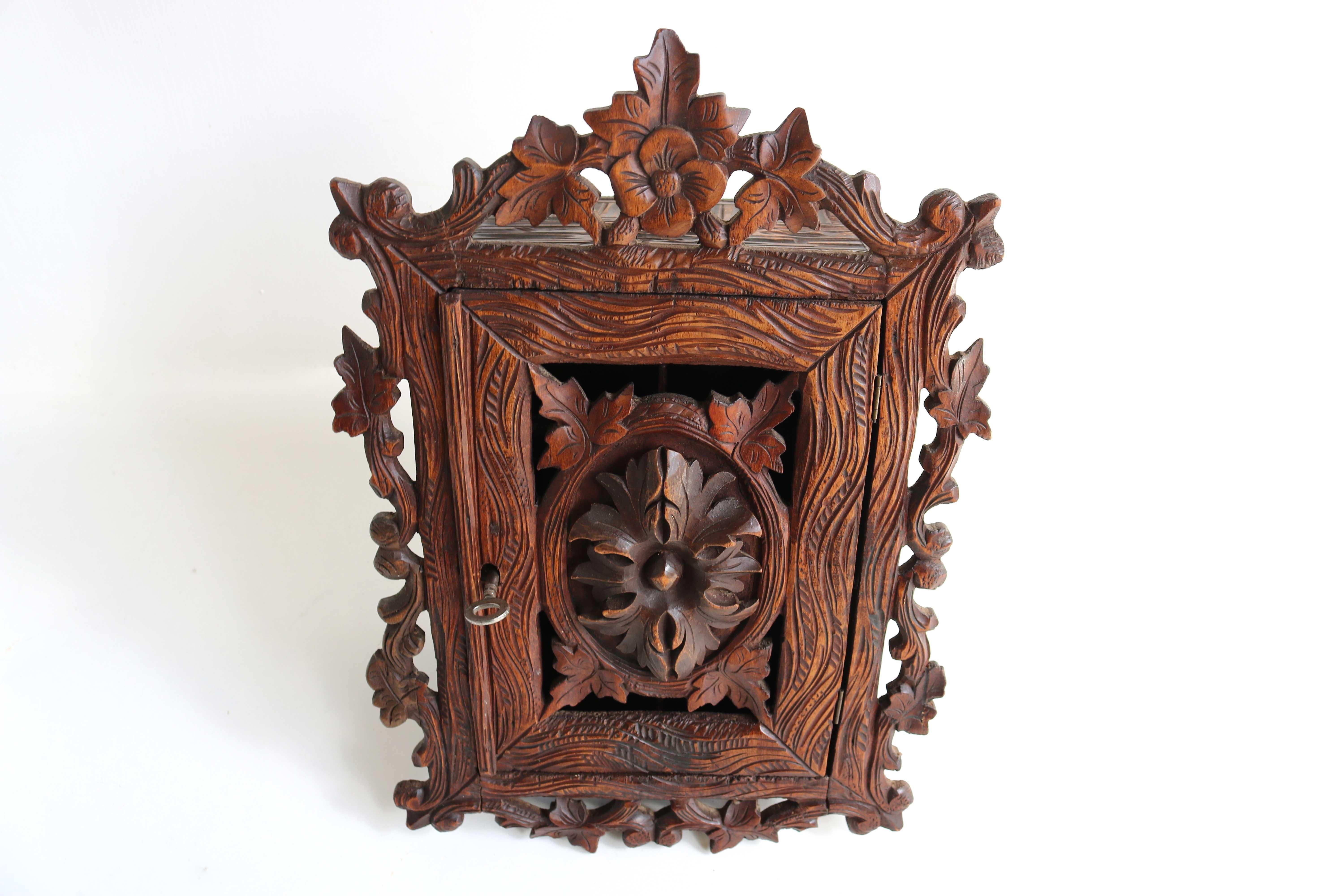Black Forest Carved Wall Cabinet, Apothecary, Antique Swiss, 19th Century In Good Condition In Ijzendijke, NL