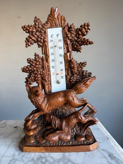 Black Forest Carved Walnut Fox Hunt Table Thermometer, Central European, ca 1900