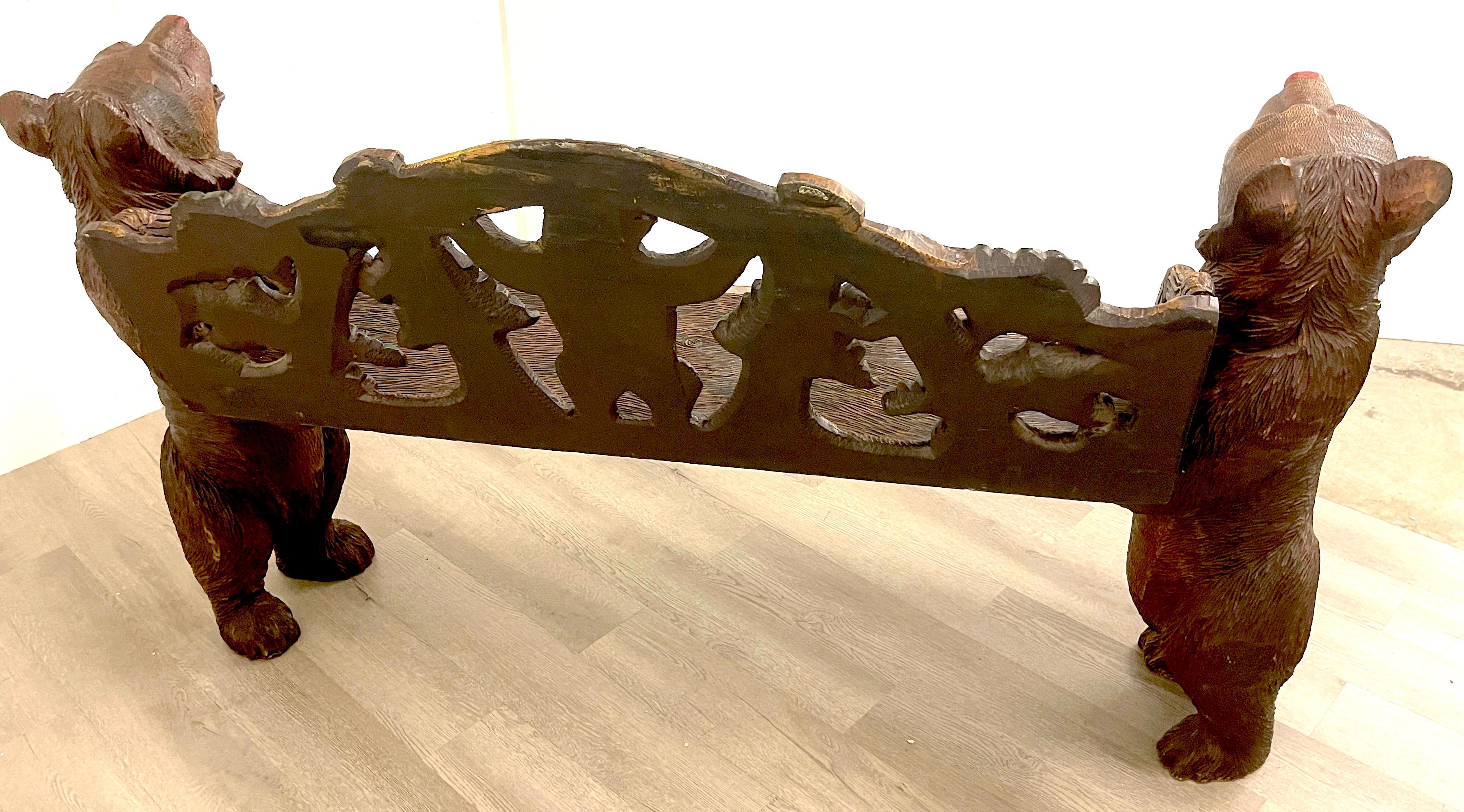Black Forest Carved Walnut & Polychromed 'Three Bears' Bench For Sale 3