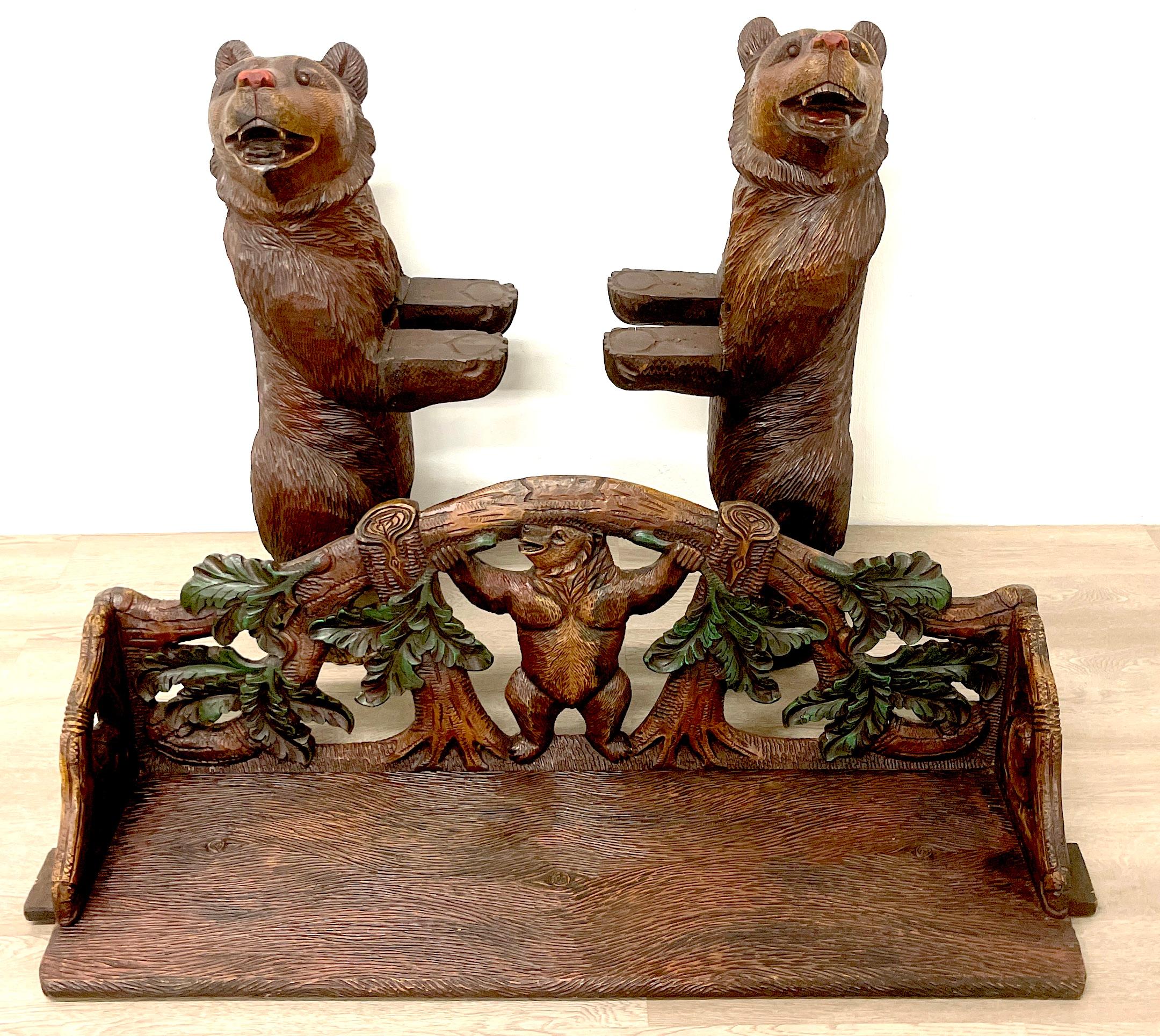 Black Forest Carved Walnut & Polychromed 'Three Bears' Bench For Sale 4