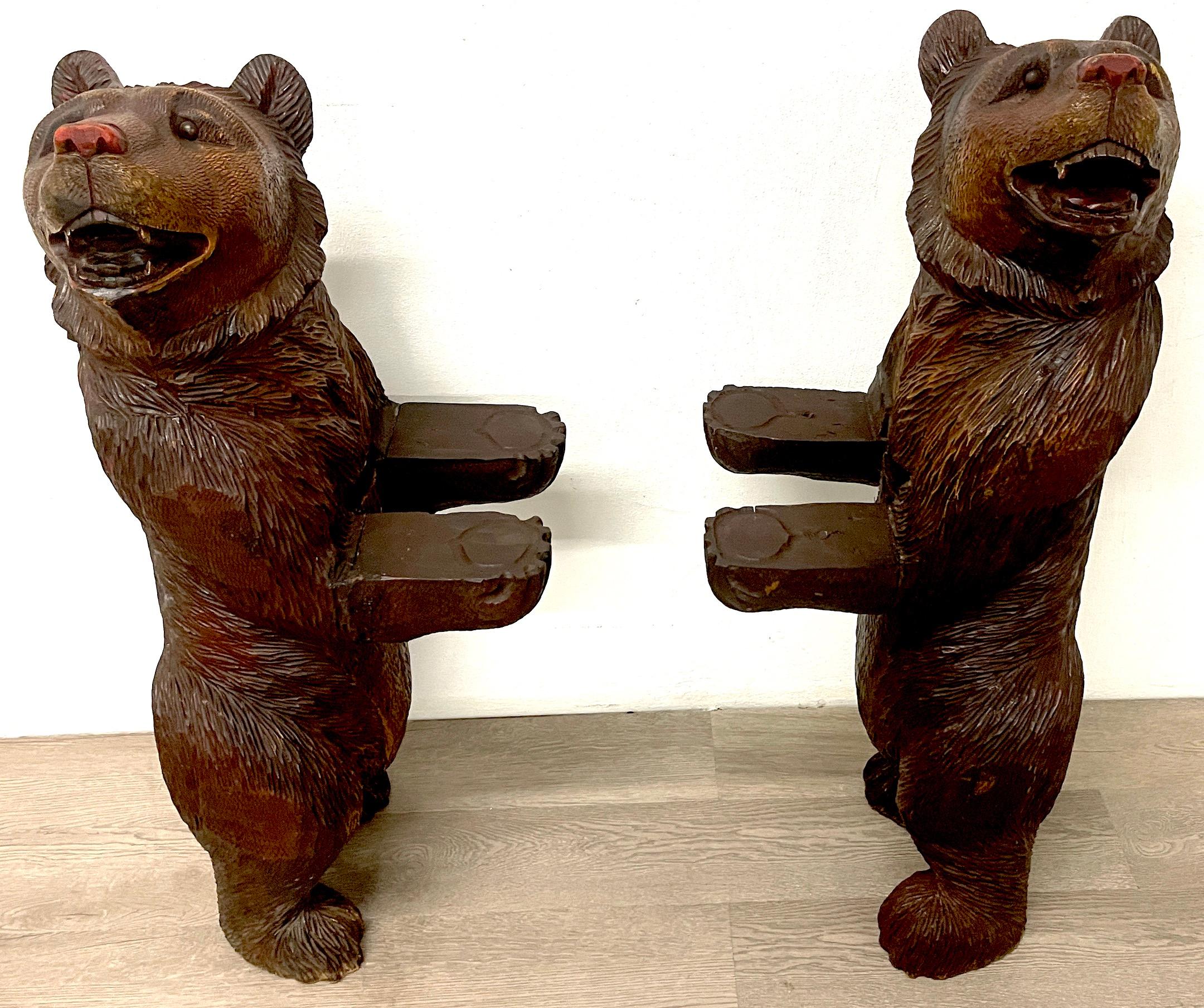Black Forest Carved Walnut & Polychromed 'Three Bears' Bench For Sale 4