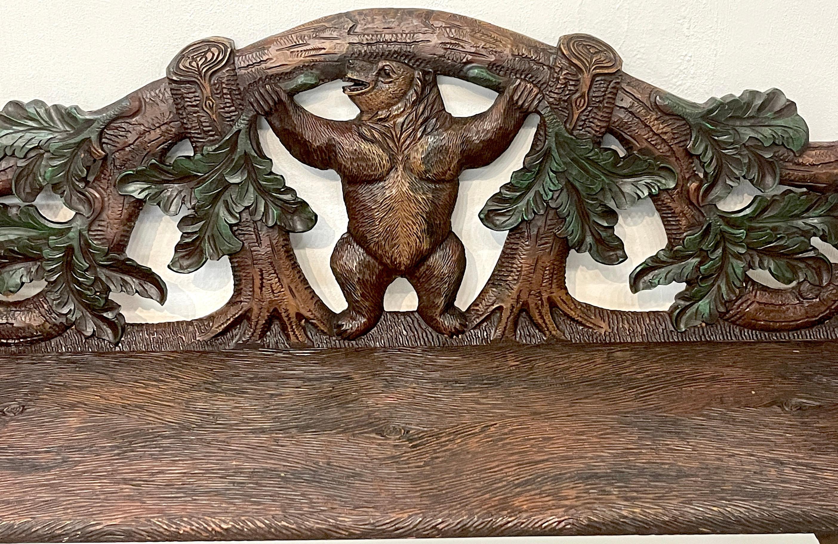 Swiss Black Forest Carved Walnut & Polychromed 'Three Bears' Bench For Sale