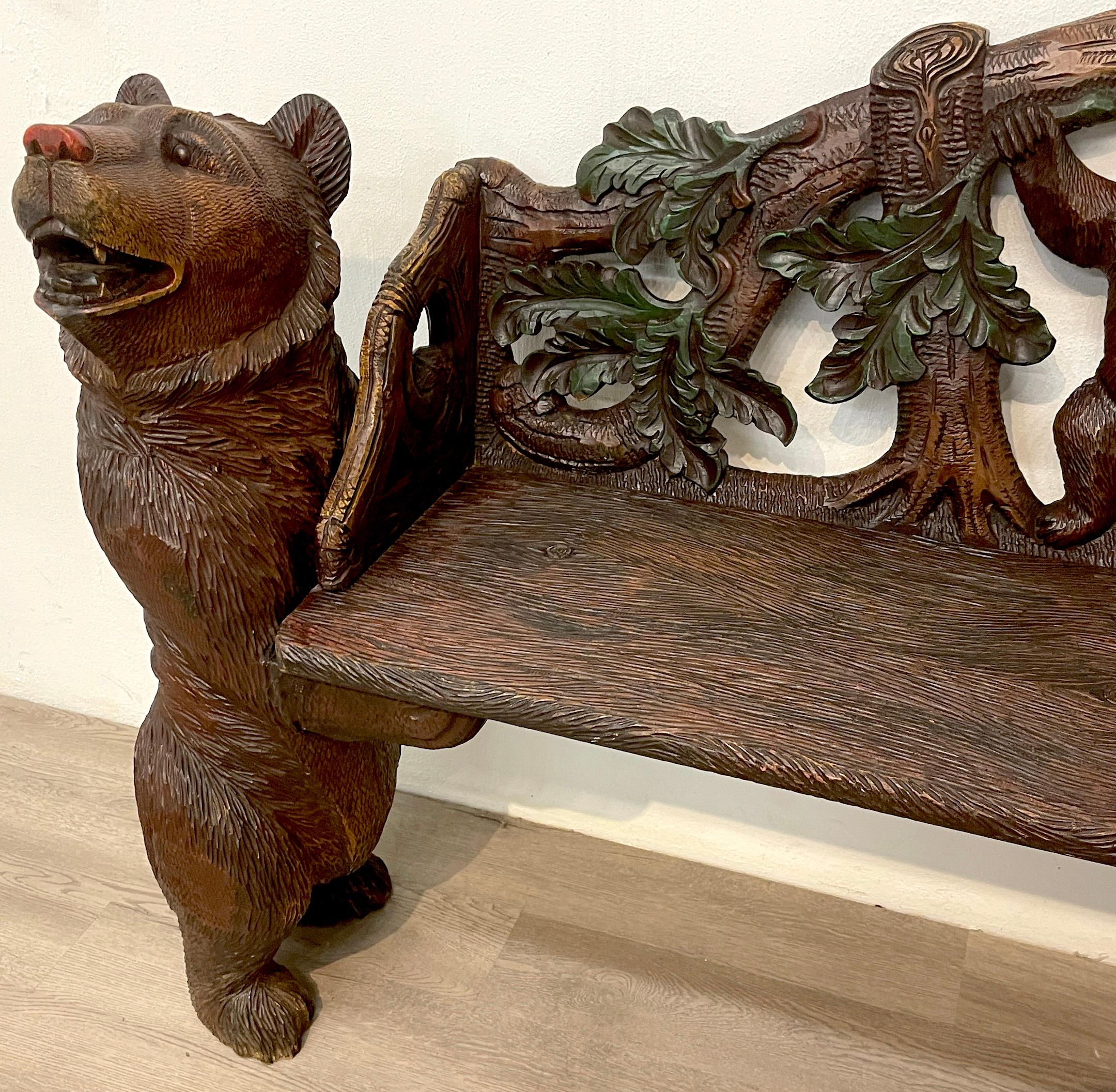 Black Forest Carved Walnut & Polychromed 'Three Bears' Bench For Sale 2