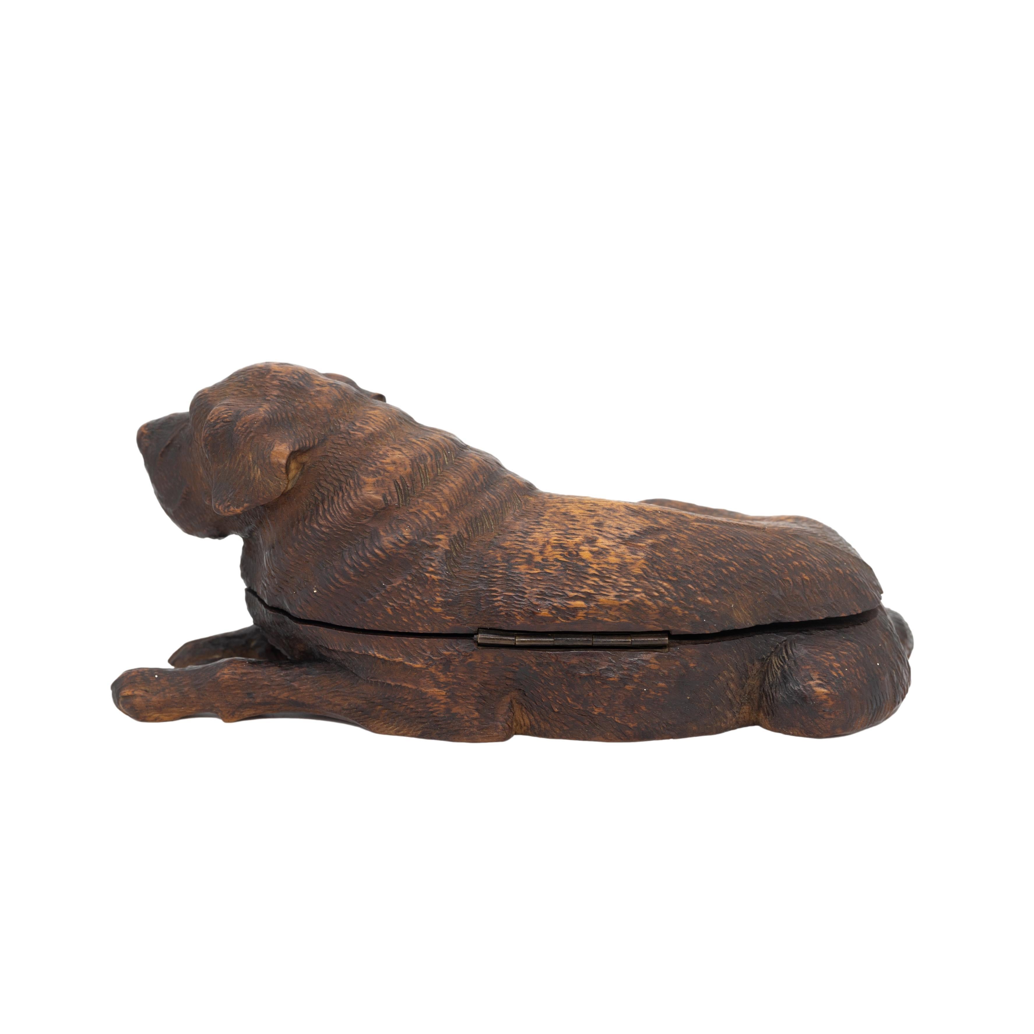 Black Forest Carved Walnut Reclining Swiss Mountain Dog, Swiss, ca. 1880 In Good Condition For Sale In Banner Elk, NC