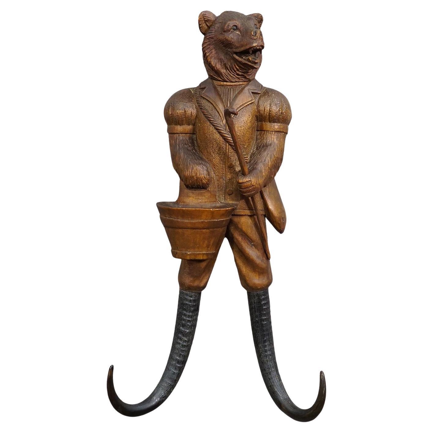 Black Forest Carved Whip Holder with Bear ca. 1900s