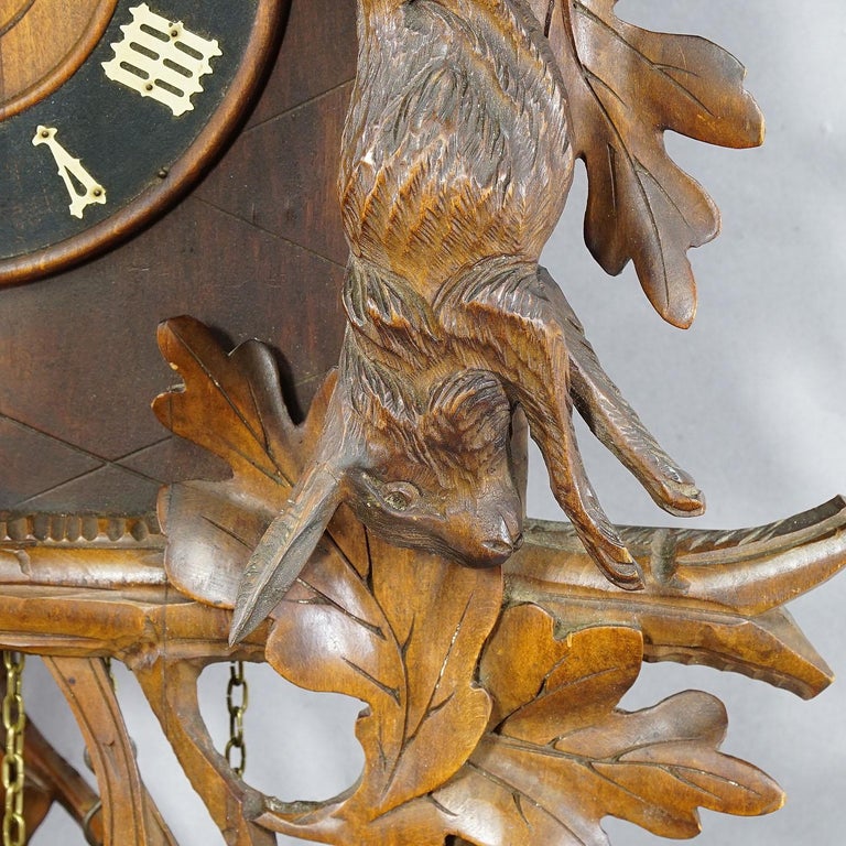 Black Forest Carved Wood Cuckoo and Quail Clock with Deer Head For Sale