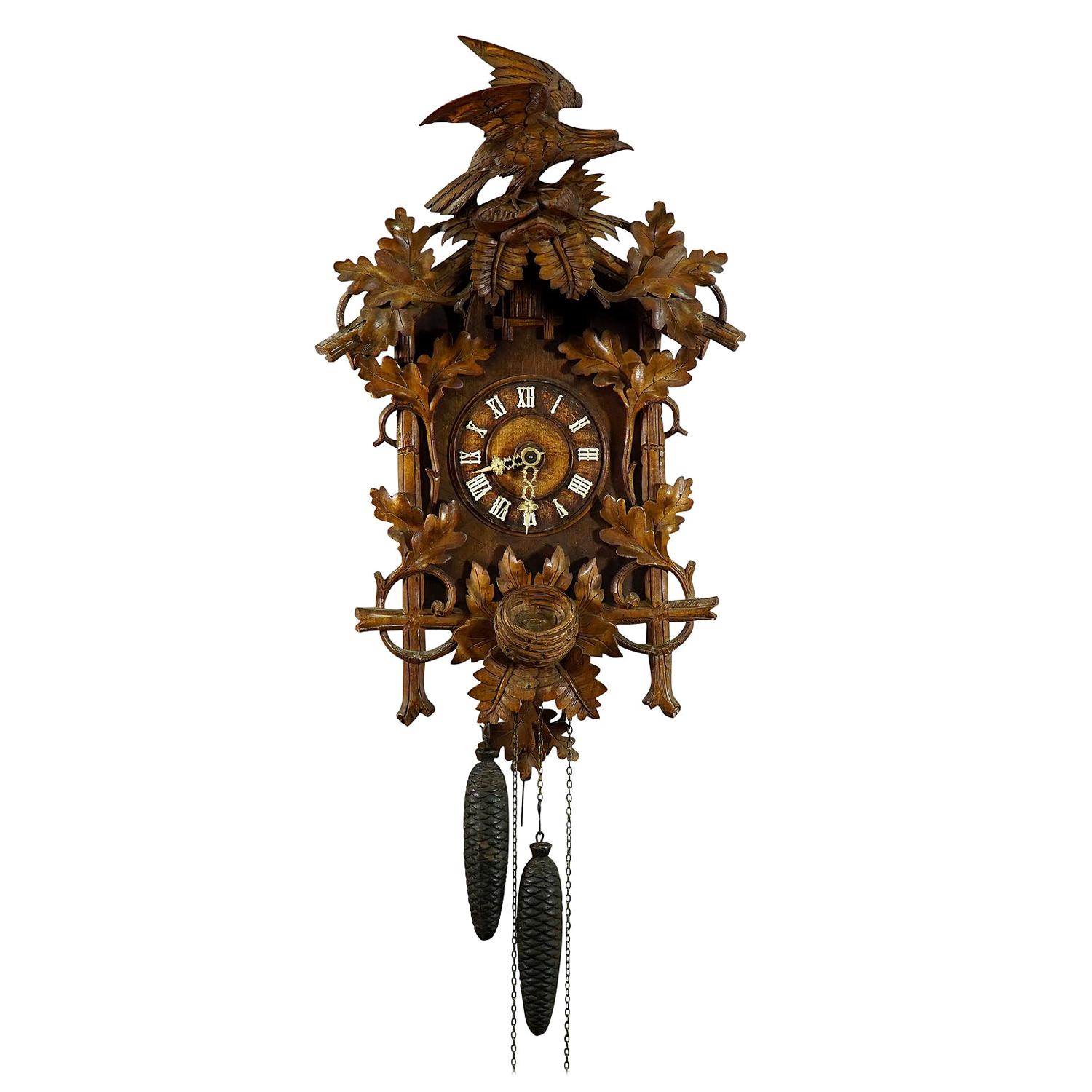 Black Forest Carved Wood Cuckoo Clock with Bird on Top