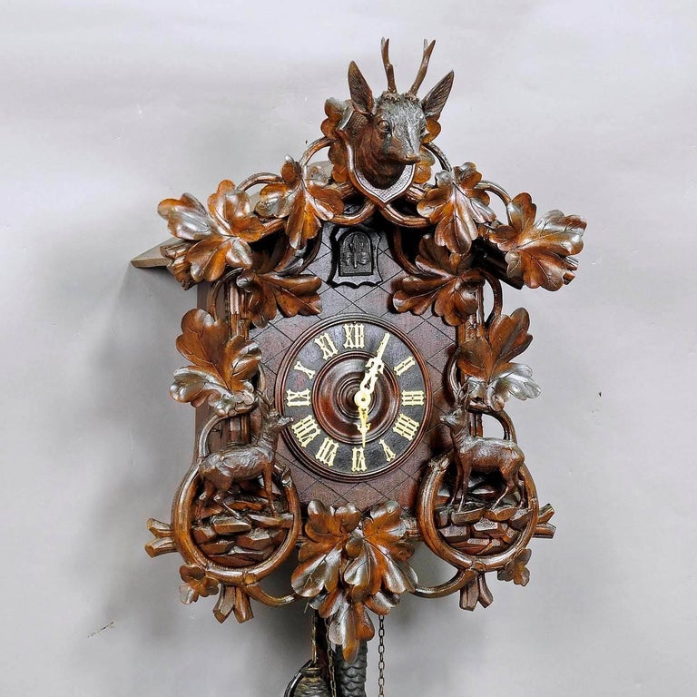 Black Forest Carved Wood Cuckoo Clock with Deers at 1stDibs