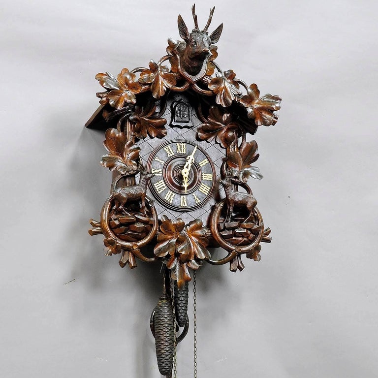 Black Forest Carved Wood Cuckoo Clock with Deers at 1stDibs