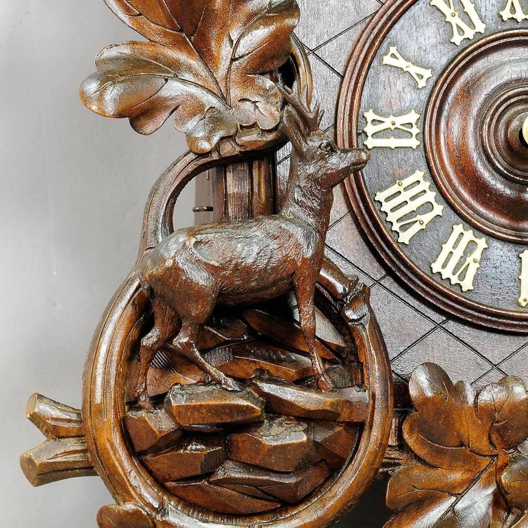 Black Forest Carved Wood Cuckoo Clock with Deers at 1stDibs