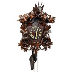 Antique Black Forest Carved Wood Cuckoo Clock with Deers