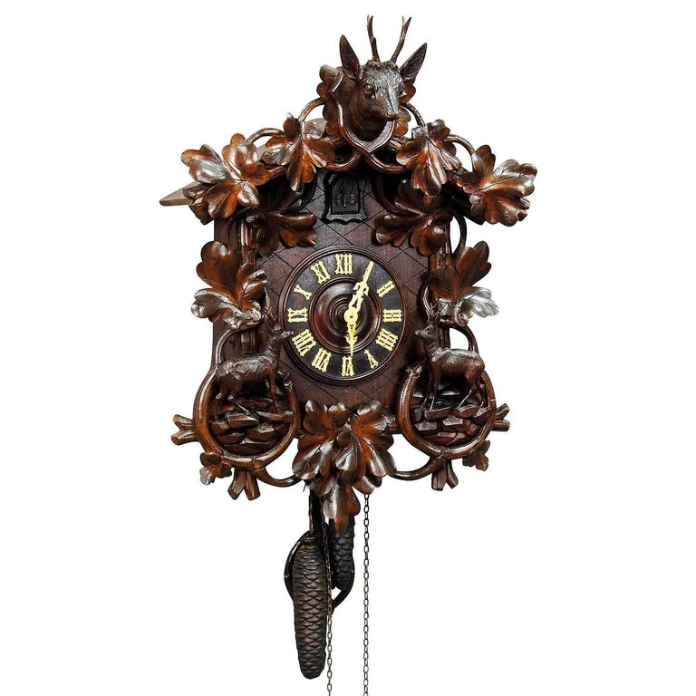 Black Forest Carved Wood Cuckoo Clock with Deers at 1stDibs
