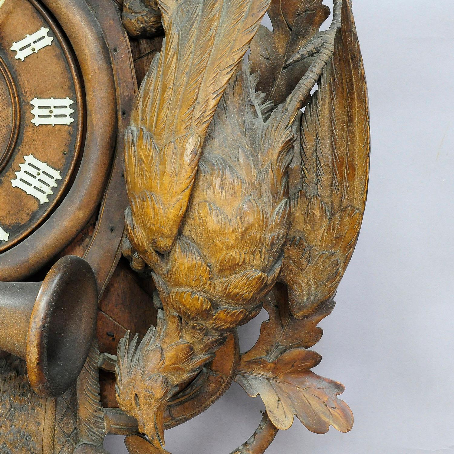 German Black Forest Carved Wood Cuckoo Clock with Large Stag Head