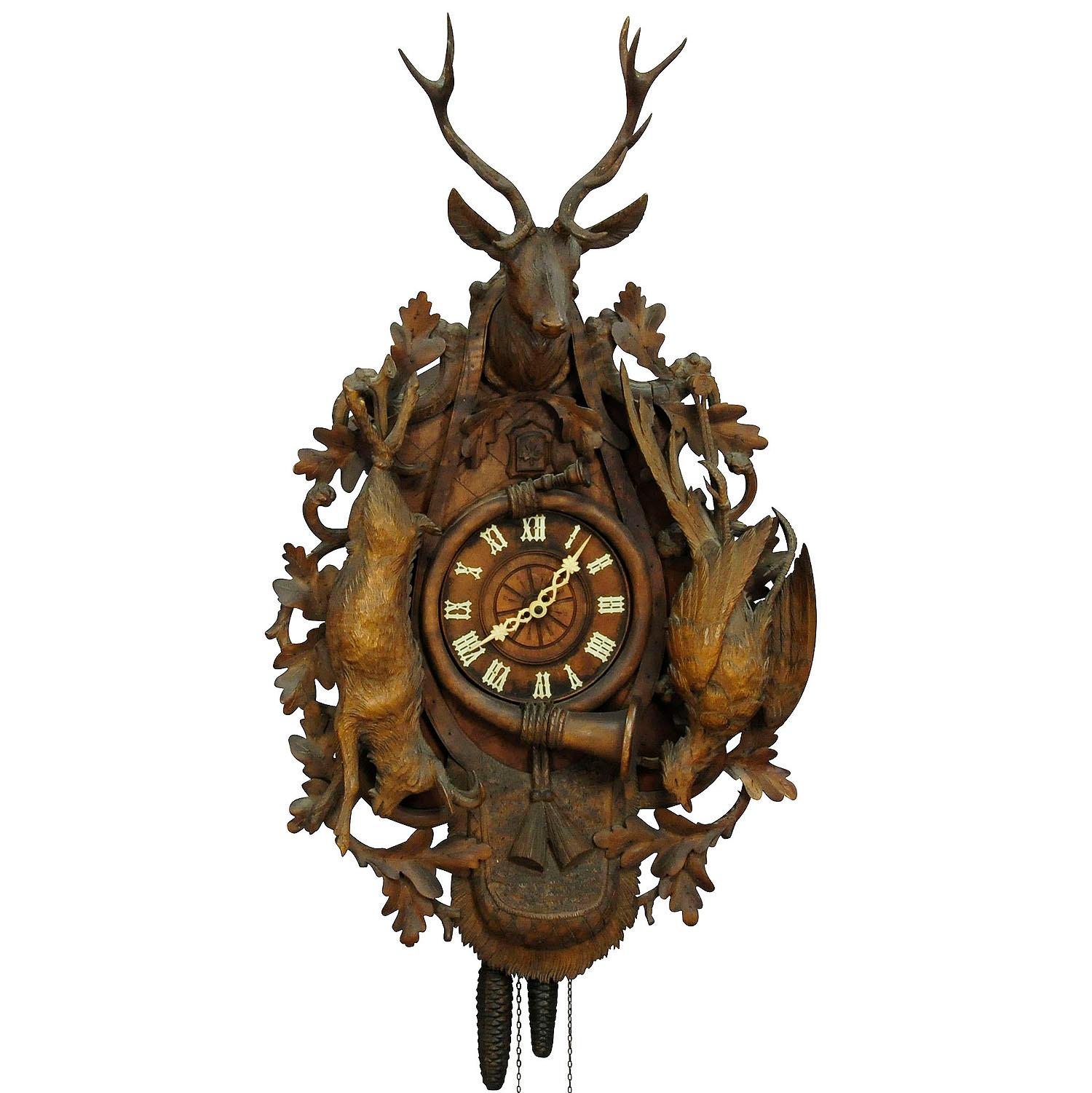 Black Forest Carved Wood Cuckoo Clock with Large Stag Head