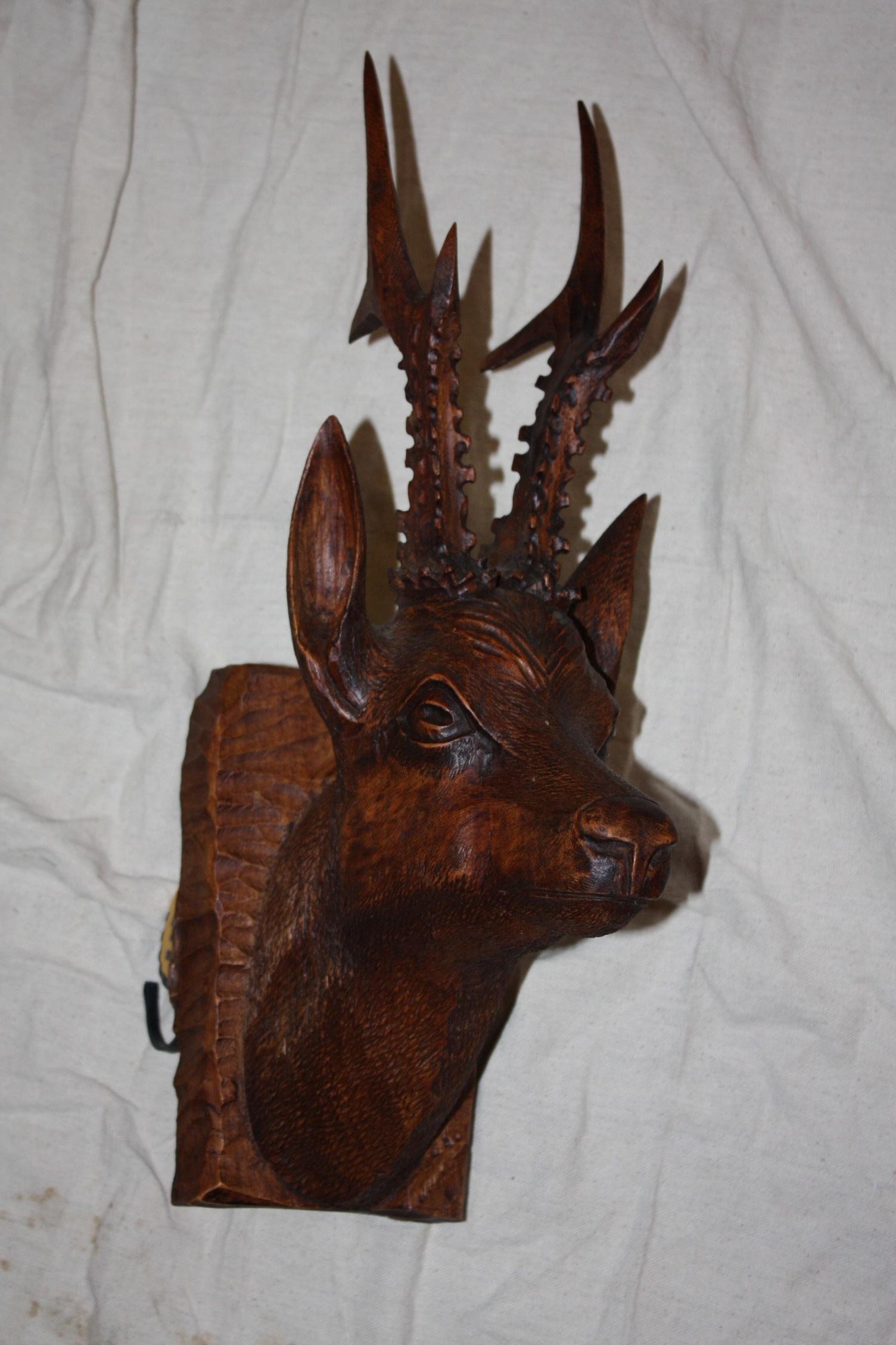 19th Century Black Forest Carved Wood Deer Head
