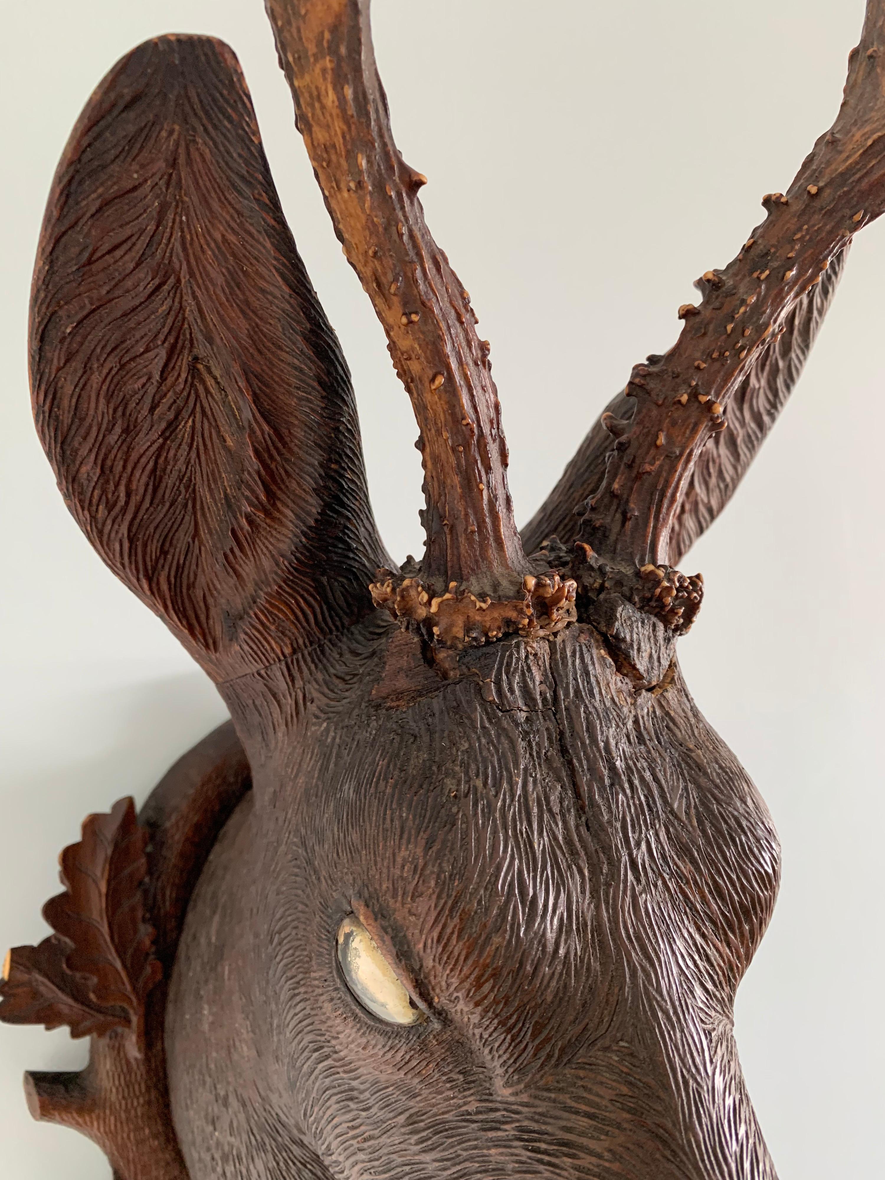 Black Forest Carved Wood Deer Head with Real Antlers, circa 1900 For Sale 3