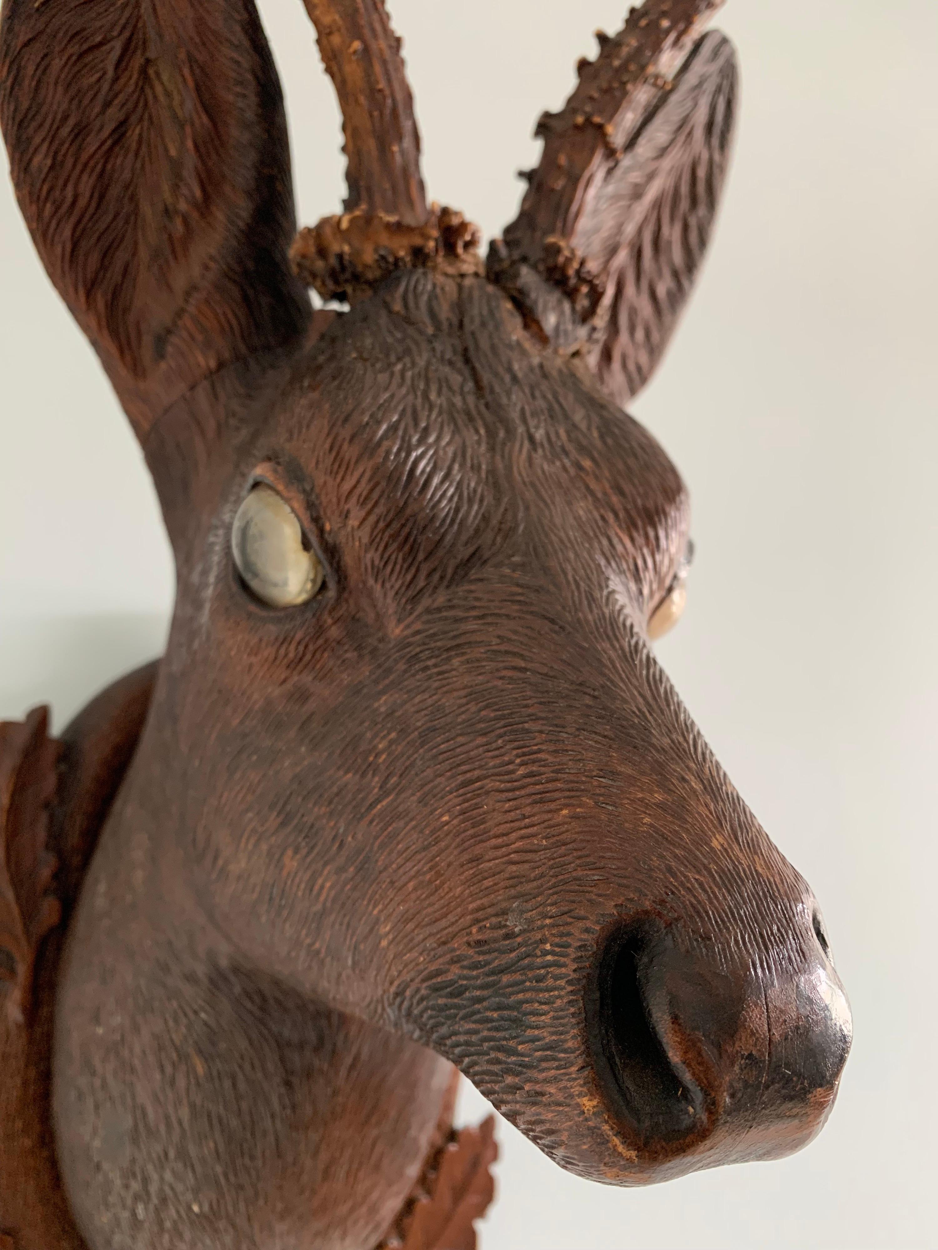 Black Forest Carved Wood Deer Head with Real Antlers, circa 1900 For Sale 4