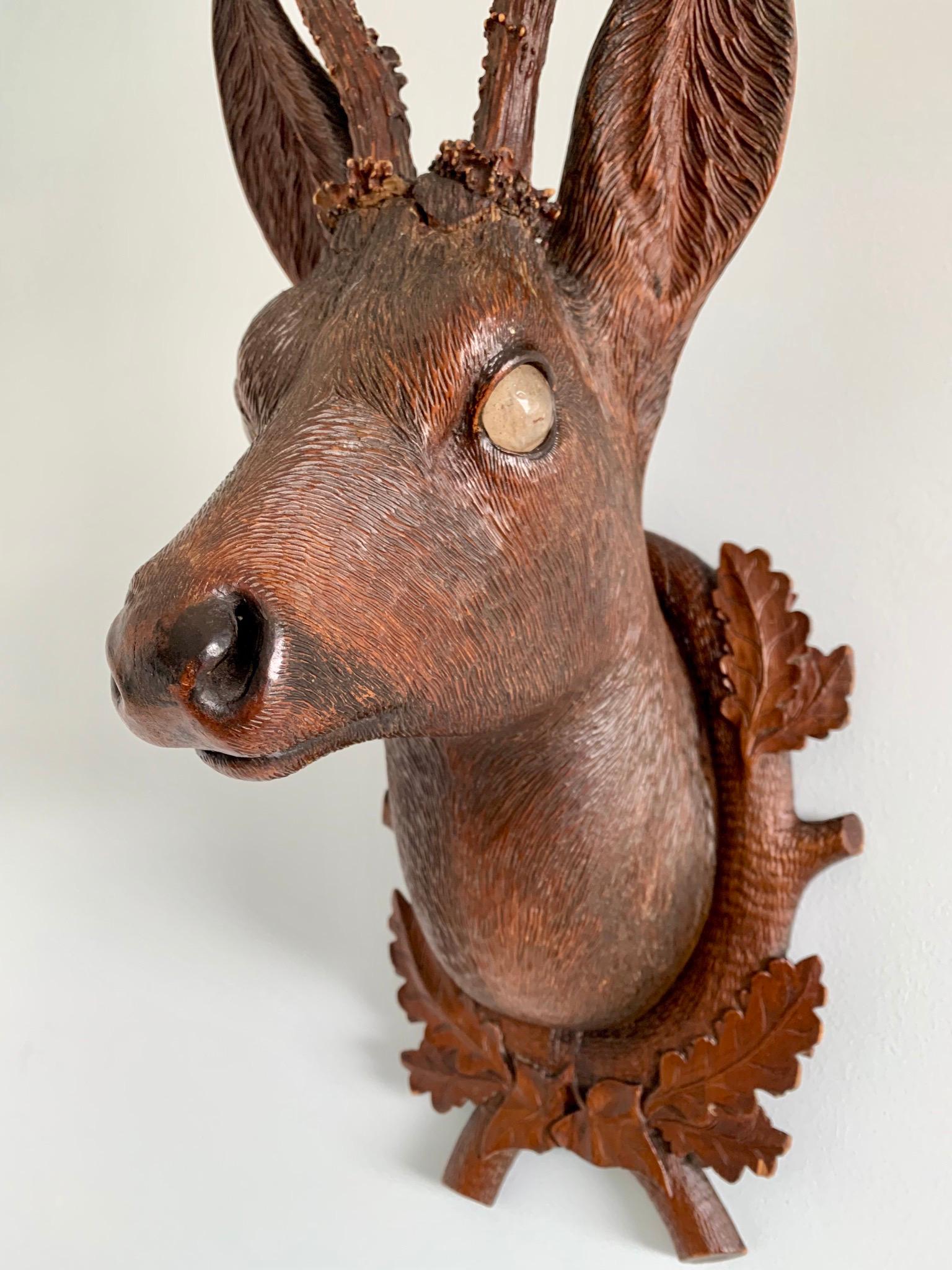 Folk Art Black Forest Carved Wood Deer Head with Real Antlers, circa 1900 For Sale