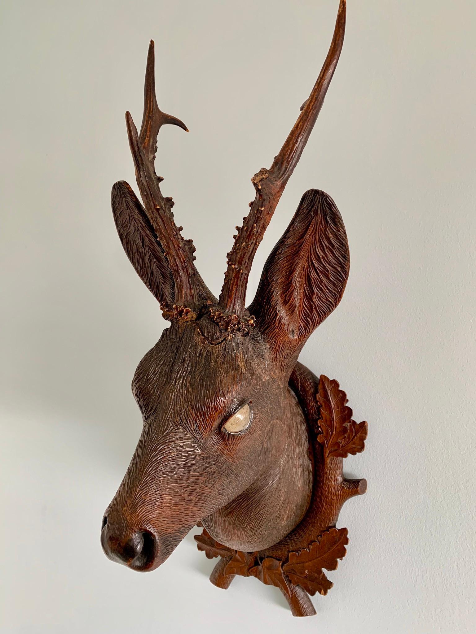 German Black Forest Carved Wood Deer Head with Real Antlers, circa 1900 For Sale