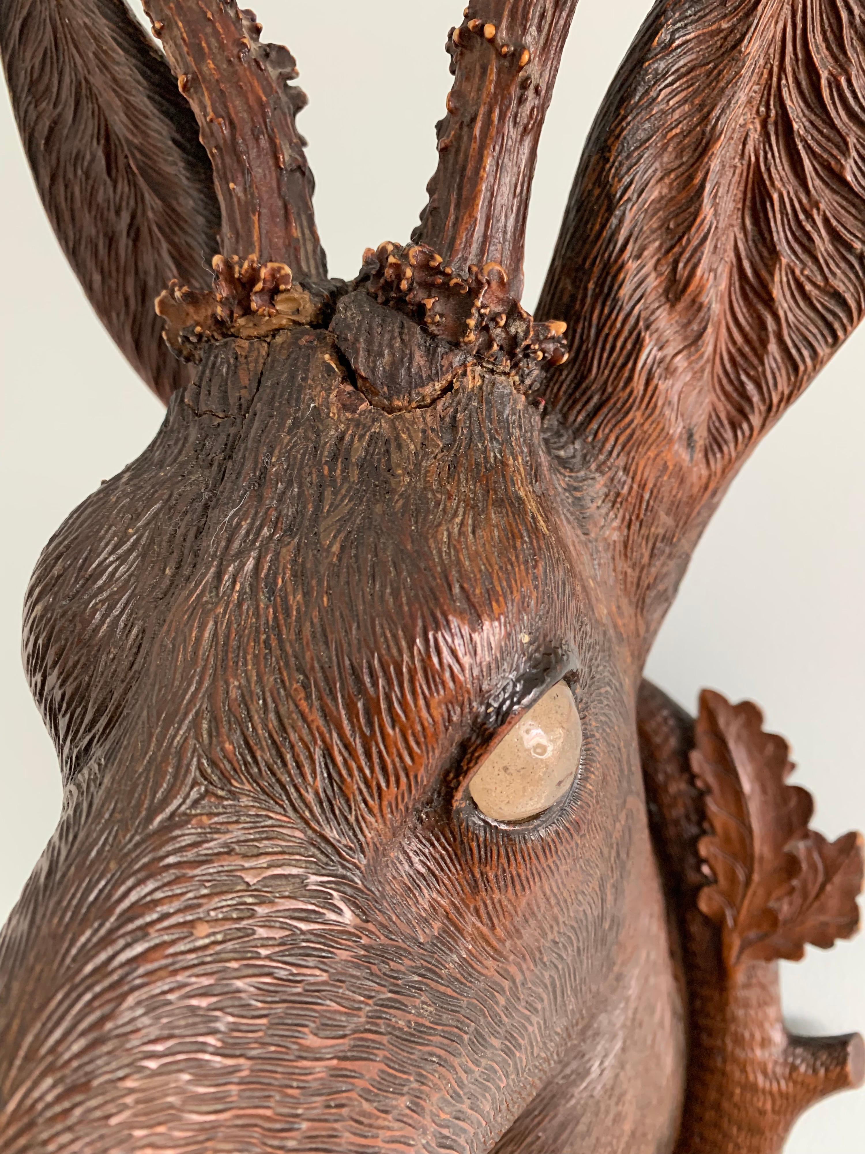 Black Forest Carved Wood Deer Head with Real Antlers, circa 1900 In Fair Condition For Sale In London, GB