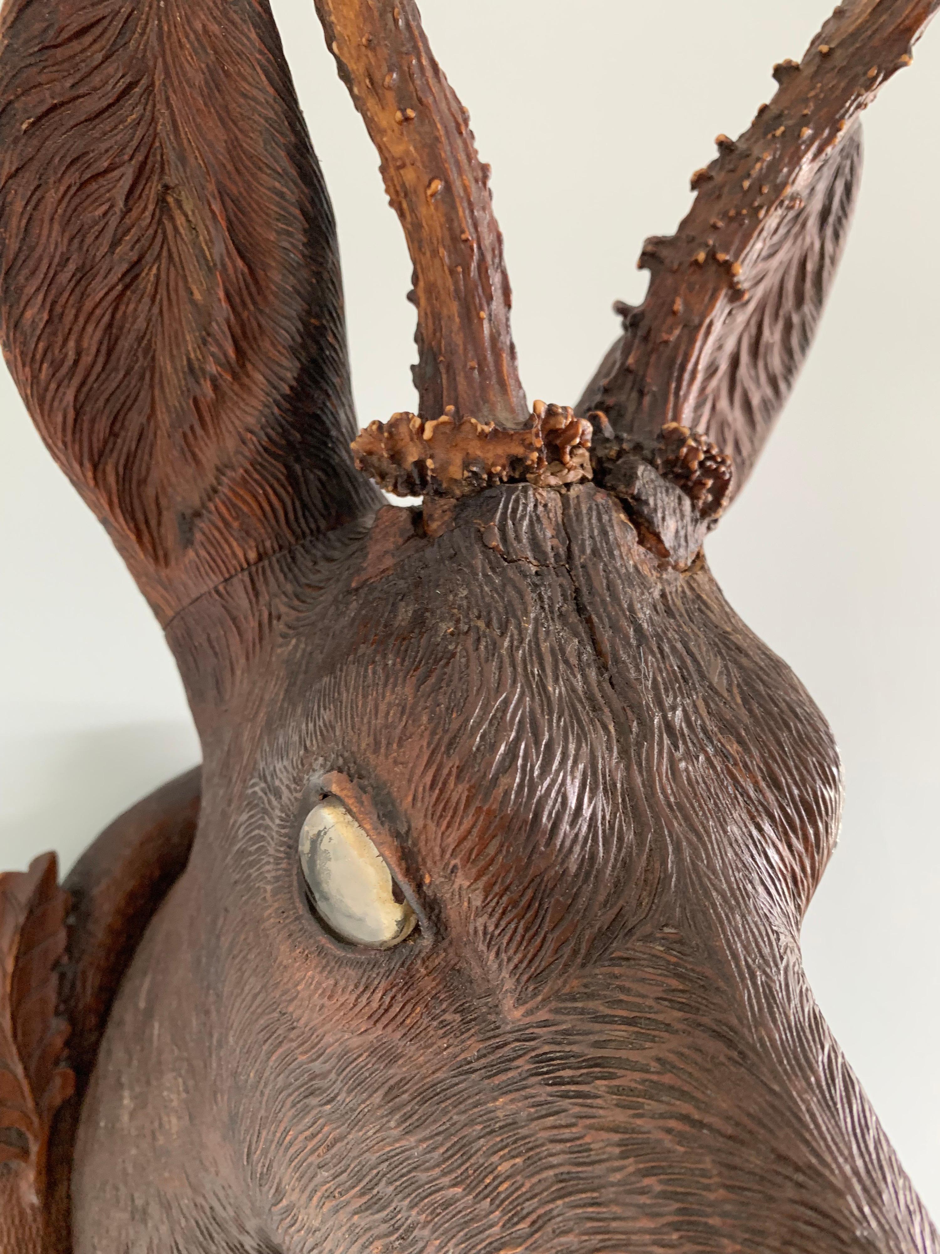 Early 20th Century Black Forest Carved Wood Deer Head with Real Antlers, circa 1900 For Sale