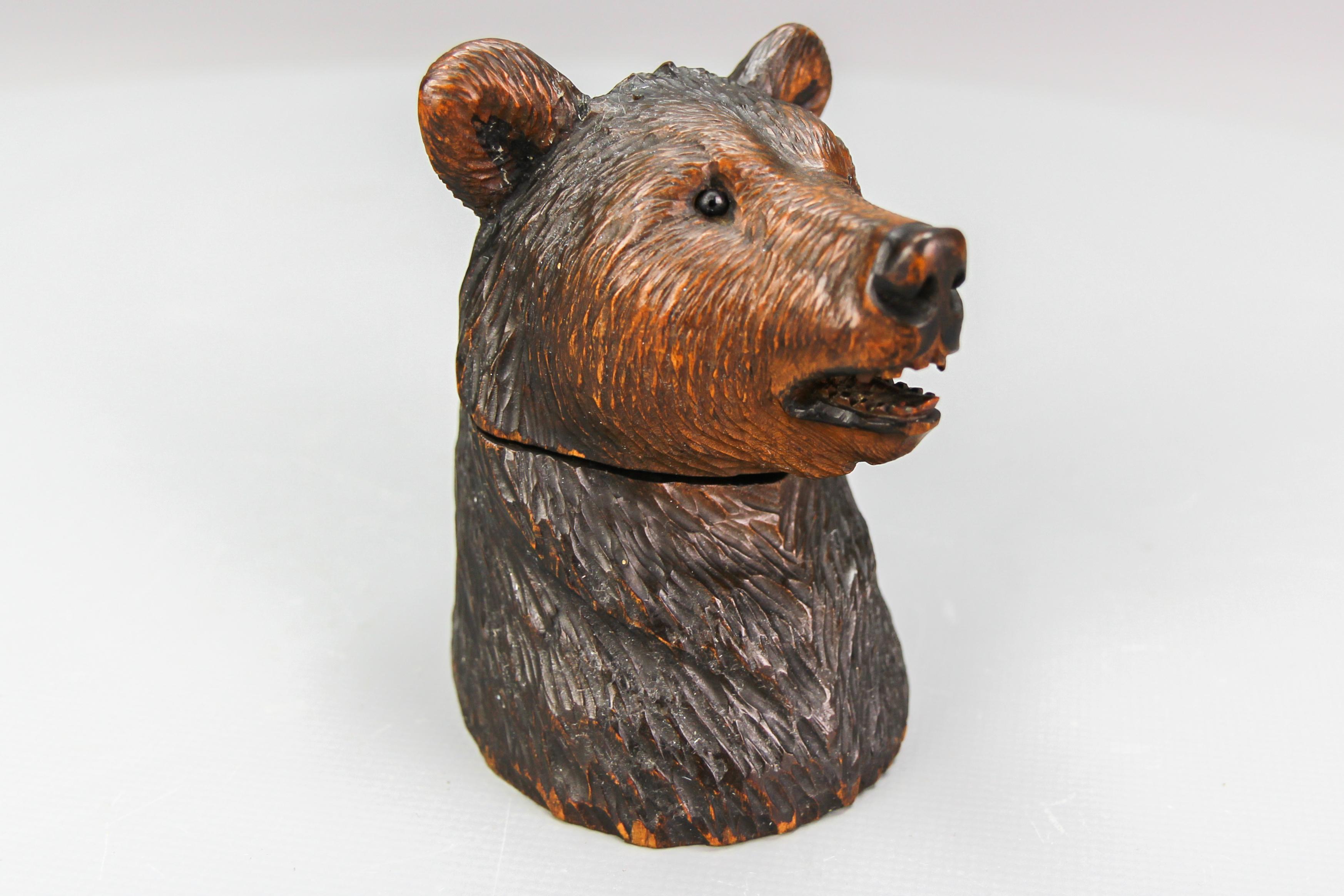 Black Forest Carved Wood Figural Humidor Bear Head with Glass Eyes For Sale 9