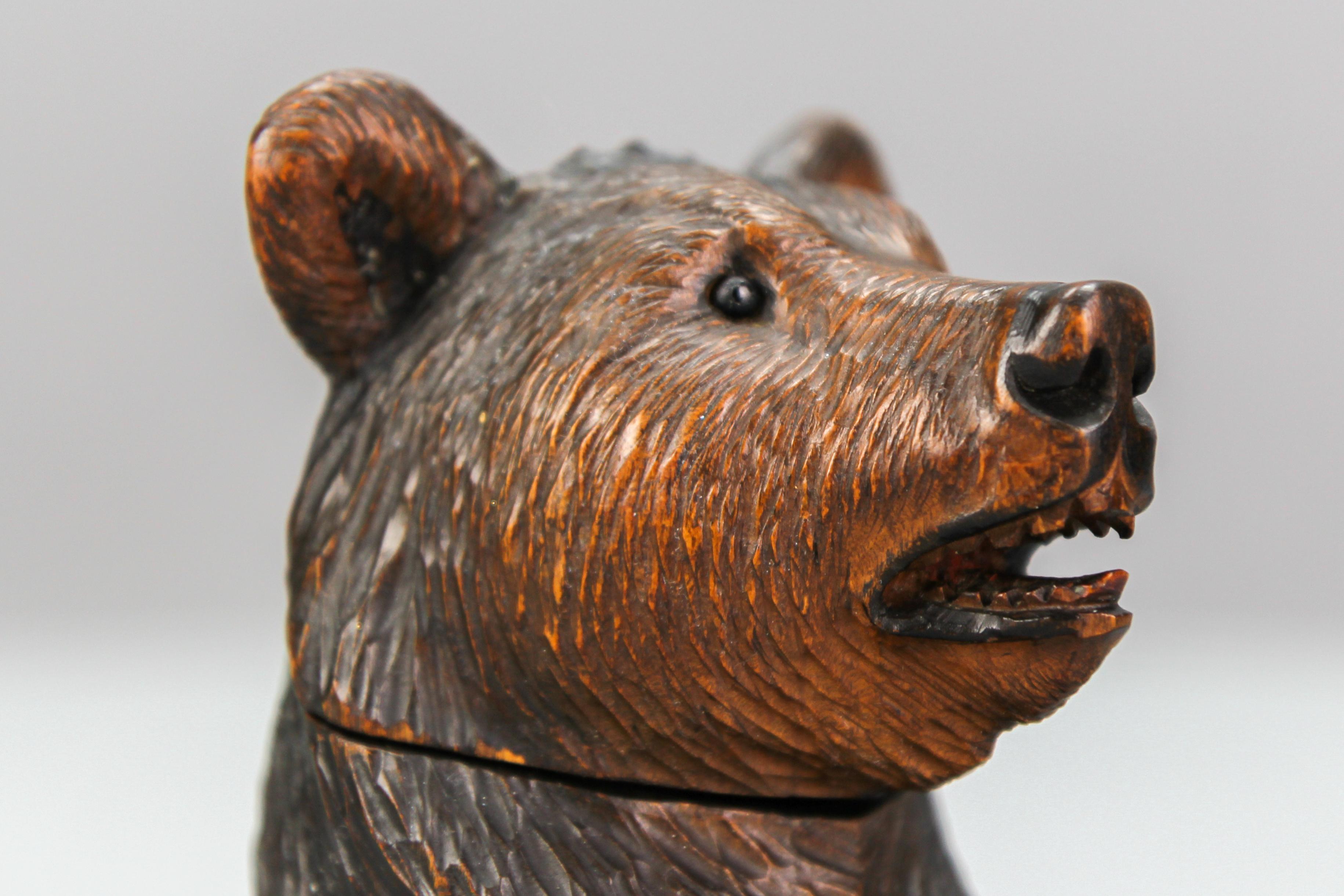 Swiss Black Forest Carved Wood Figural Humidor Bear Head with Glass Eyes For Sale
