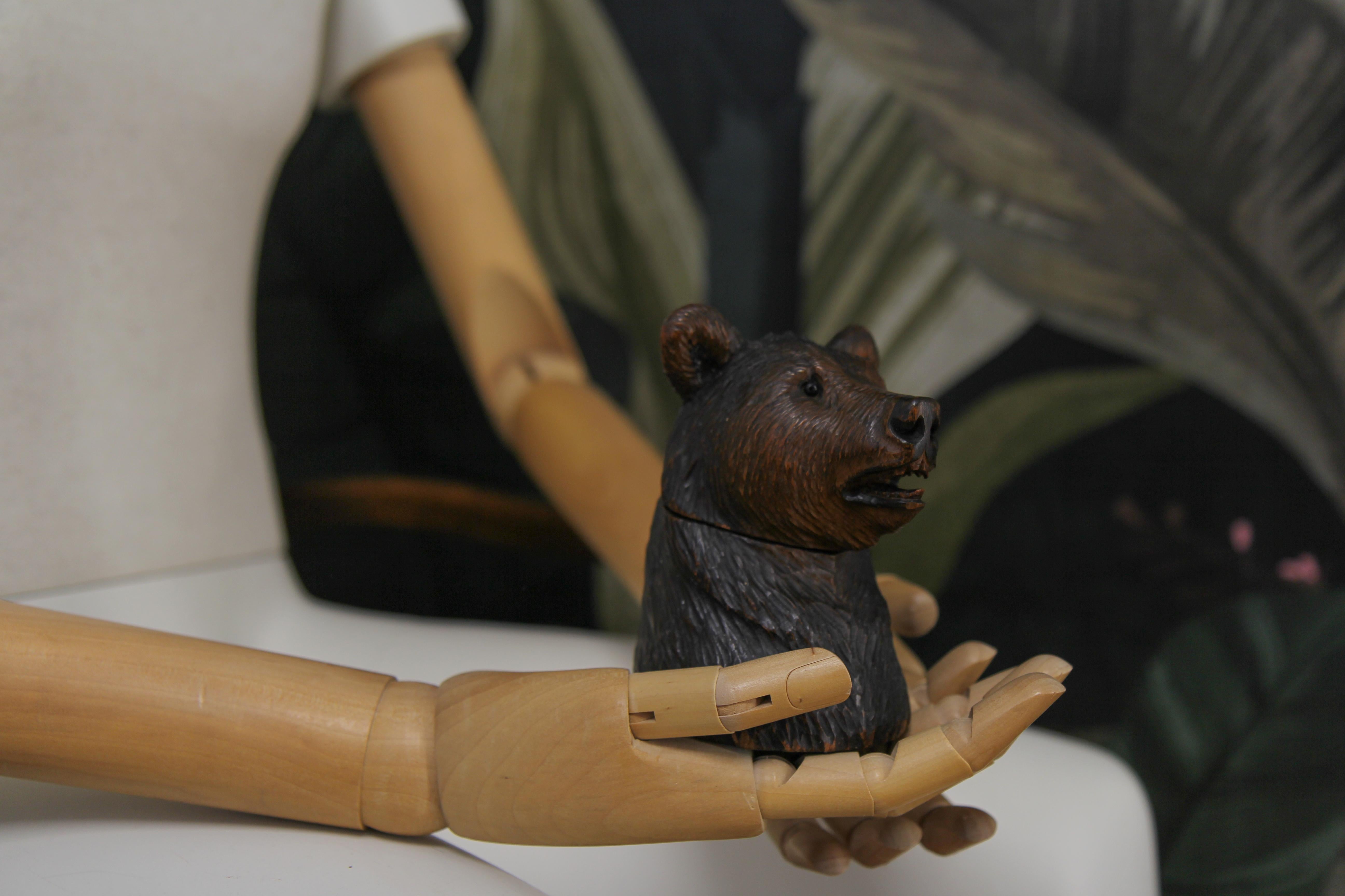 Black Forest Carved Wood Figural Humidor Bear Head with Glass Eyes For Sale 1