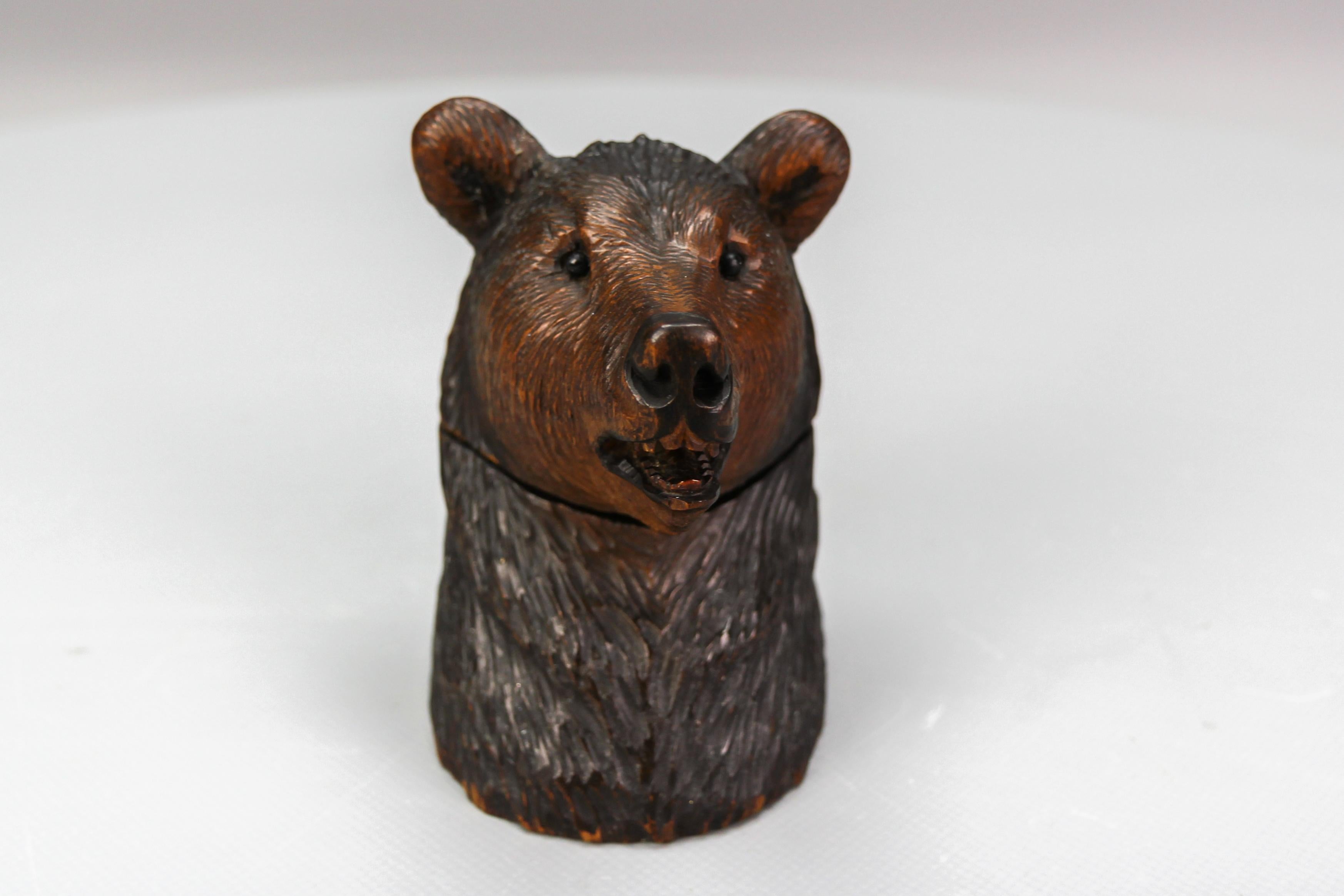 Black Forest Carved Wood Figural Humidor Bear Head with Glass Eyes For Sale 3