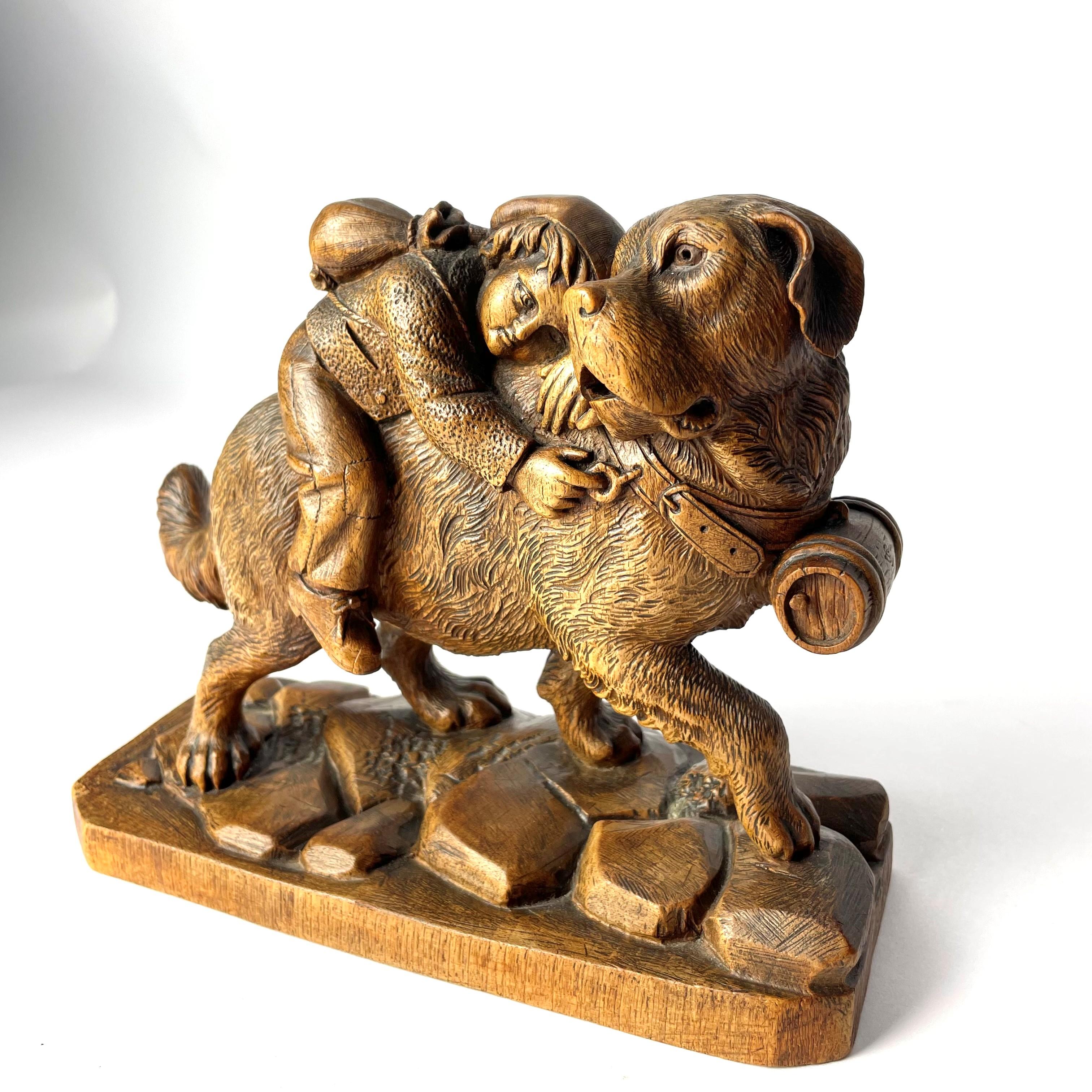 Swiss Black Forest Carved Wood Model of Rescue Dog Helping a Boy