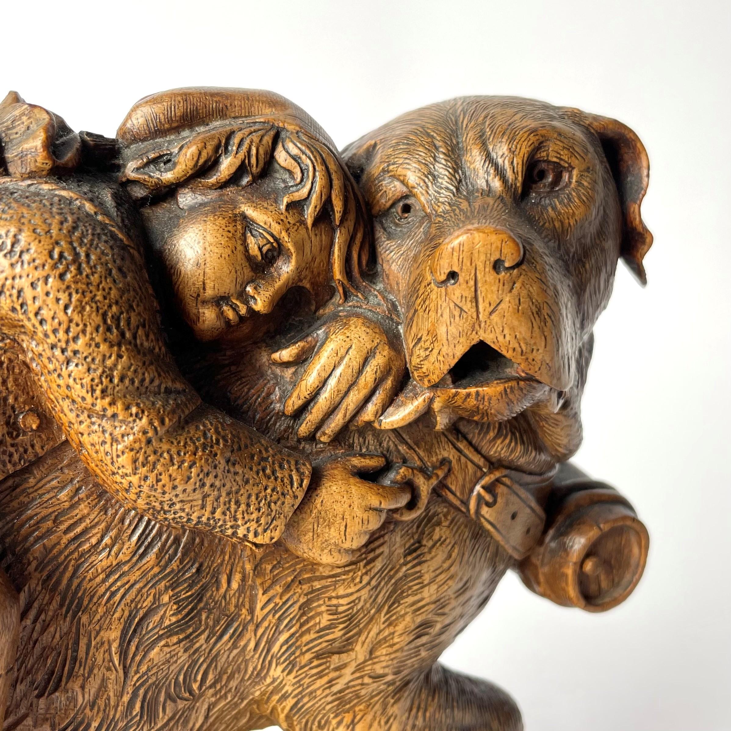 19th Century Black Forest Carved Wood Model of Rescue Dog Helping a Boy