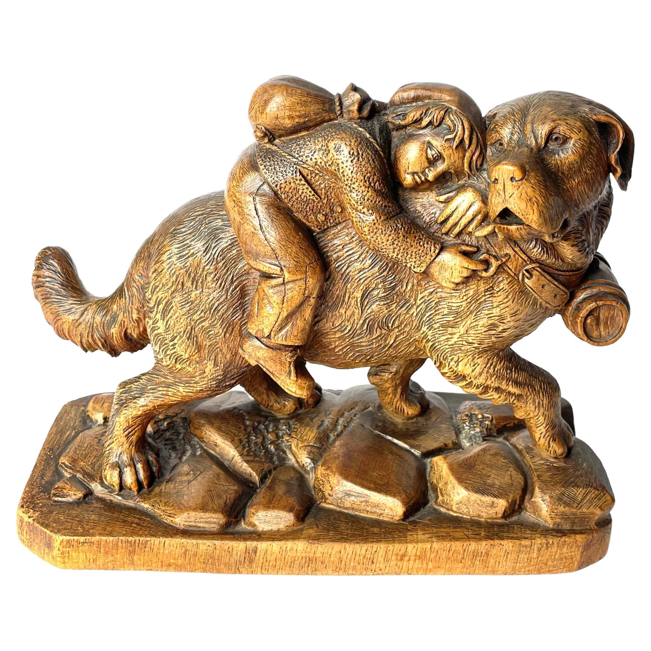 Black Forest Carved Wood Model of Rescue Dog Helping a Boy