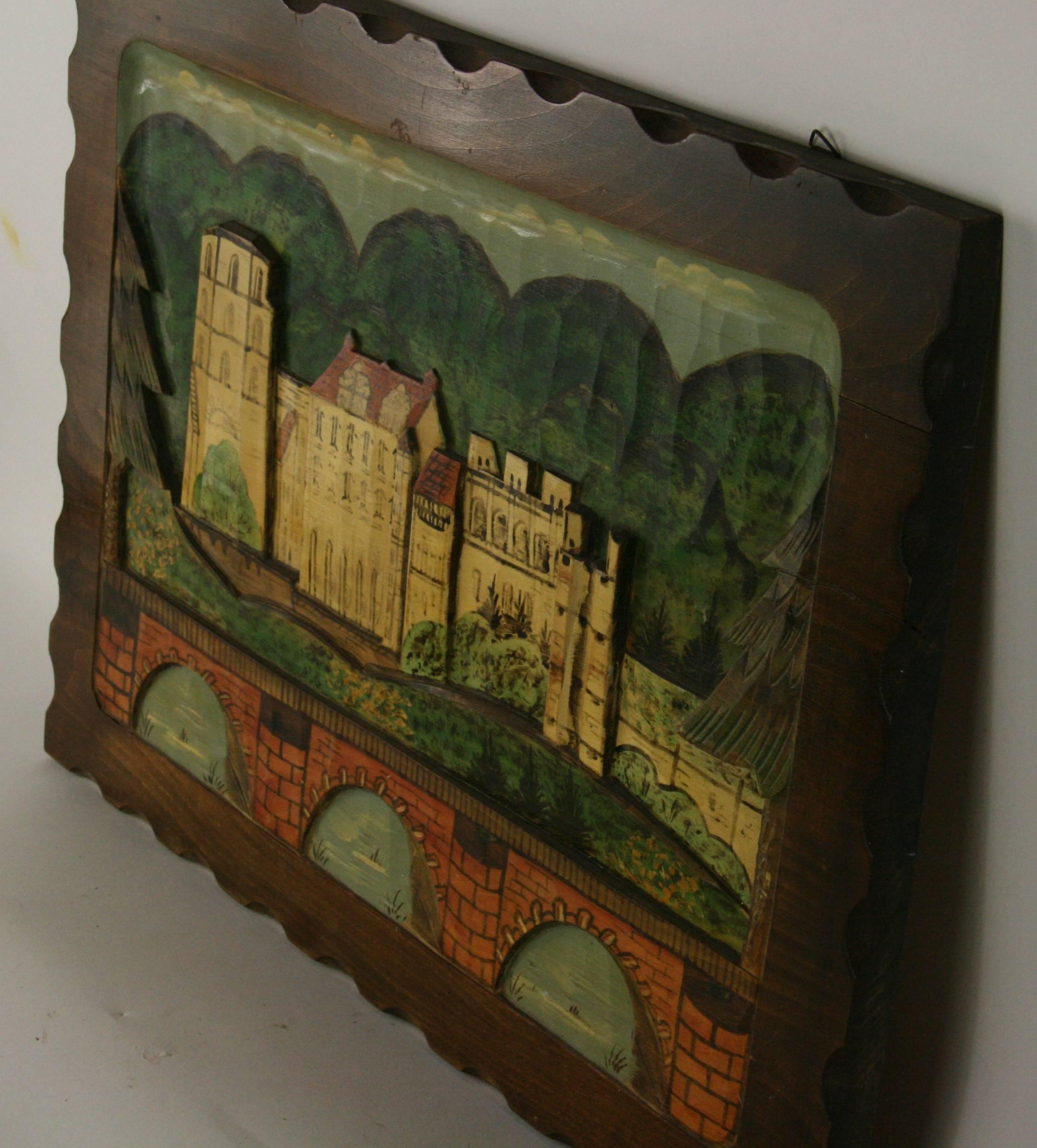9-231, Black Forest hand carved painted wall plaque. Hanging hardware on back. Age wear.