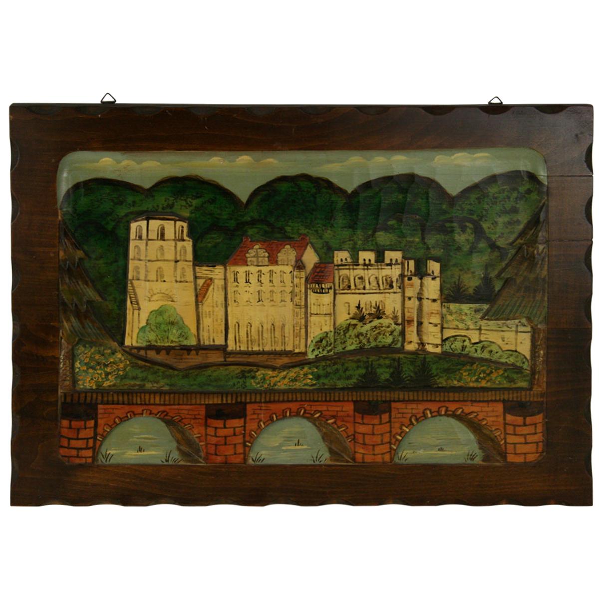 Black Forest Painted  Wood  Carved Castle  Sculptural Panel For Sale